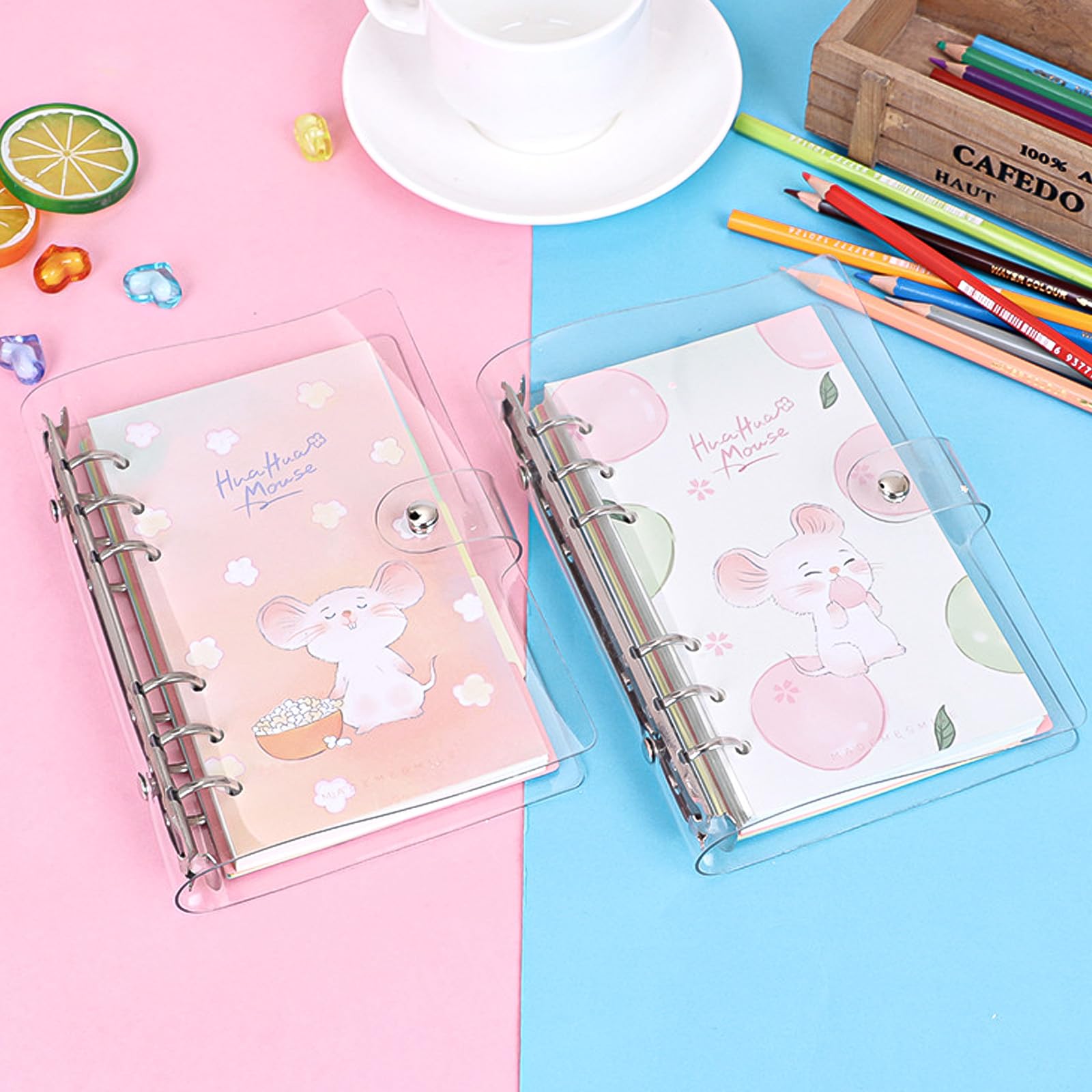 SKTMH Lot De 4 Classeurs A5 En PVC Transparent à 6 Anneaux - Couvertures De Reliure Rechargeables à Anneaux Ronds Avec Fermeture à Bouton-pression - Couverture Transparente Pour Carnets De Notes - 11