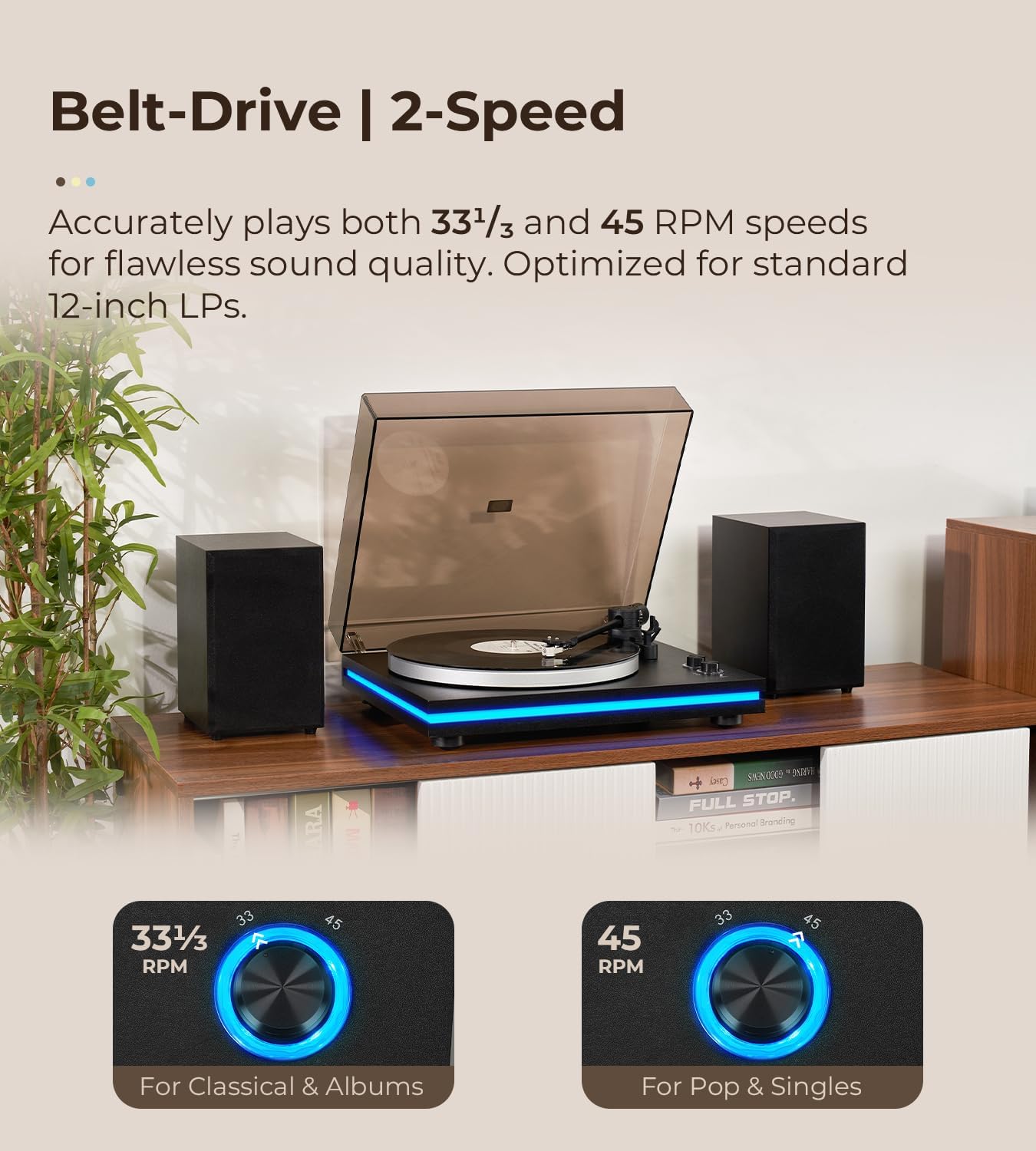 Vangoa Vinyl Record Player with 40W Speakers, Belt-Drive Stereo Turntable, Magnetic Cartridge AT-3600L, Aluminum Platter, Hi-Fi, 2 Speed, LED Lighted Modern Bluetooth Turntable for Vinyl, Black