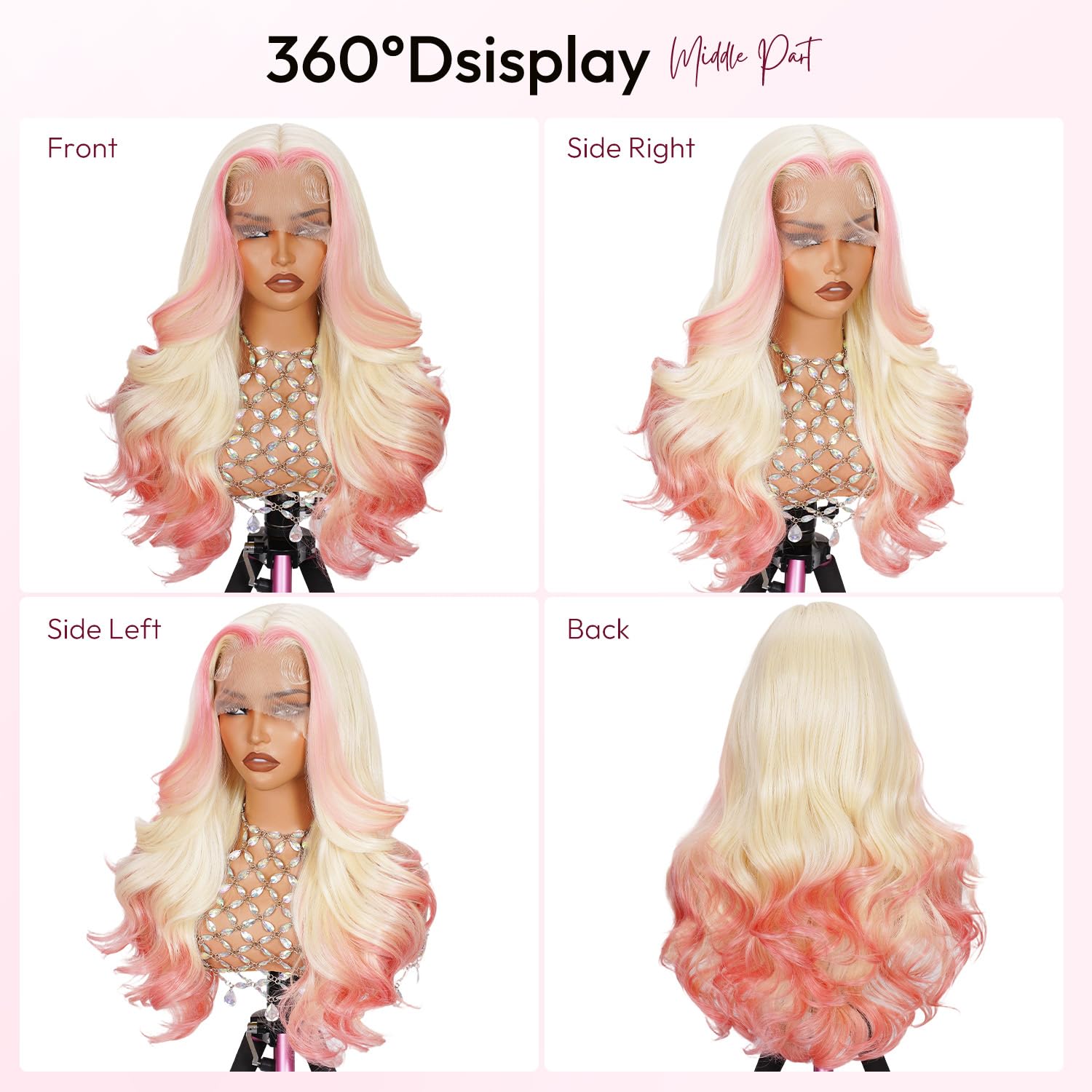 13 * 6Pink Synthetic Hair Wig Lace Front Glueless Body Wave Ombre Blonde Pink Pre Plucked HD Transparent Lace Breathable Ready to Wear with Baby Hair for Women