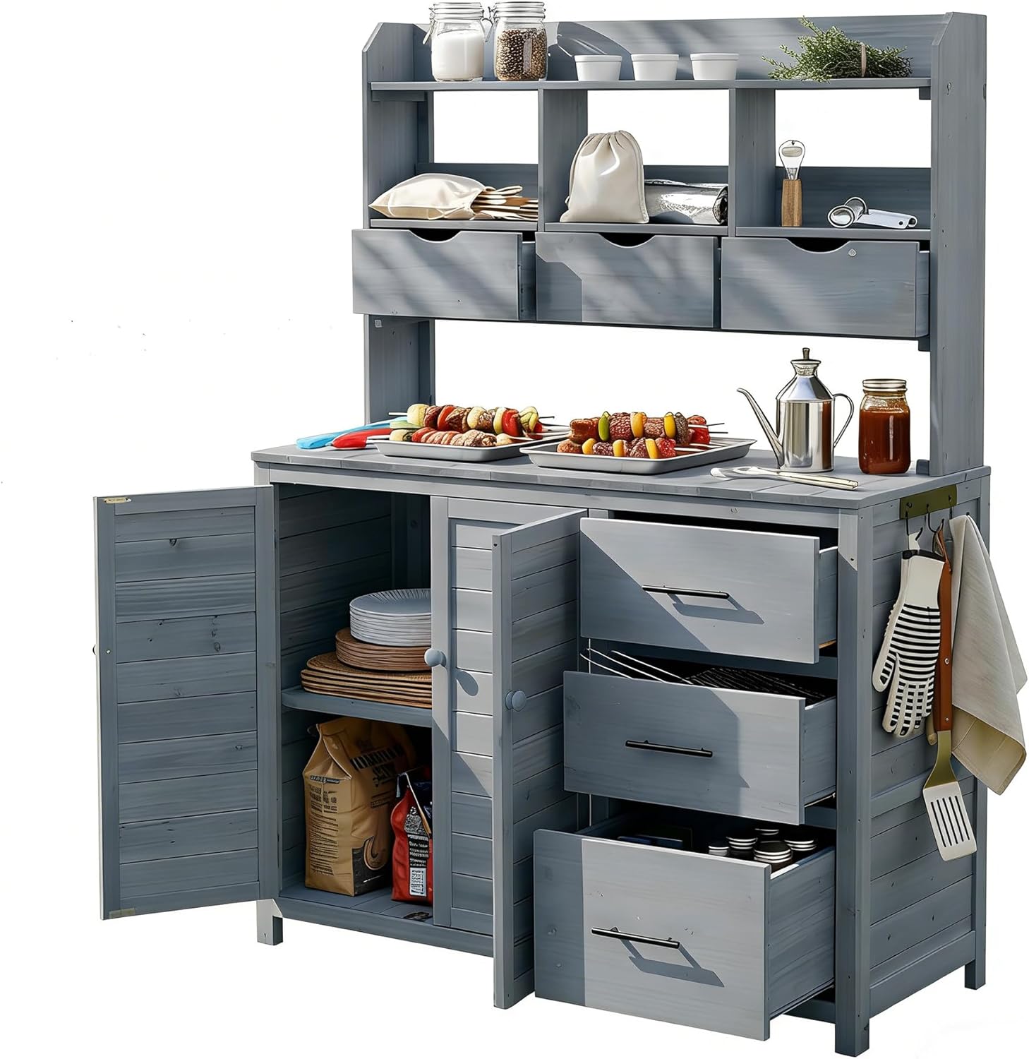 GDFStudio Sollyn Outdoor Storage Bench Table with Cabinet, Patio Wooden Potting Bench Plant Bench, Large Garden Storage Work Bench with 6 Drawers, Cabinet, Hook and Countertop, Kitchen Island, Gray