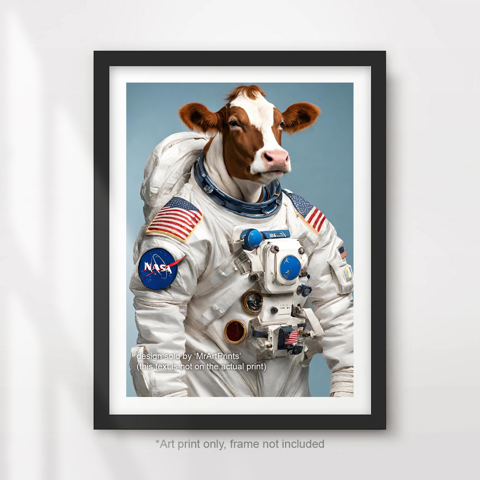 Astronaut COW Art Print Animal Head Portrait Outer Space Sci-fi Wall Decor Surreal Quirky Poster NASA (8 x 10 inches)