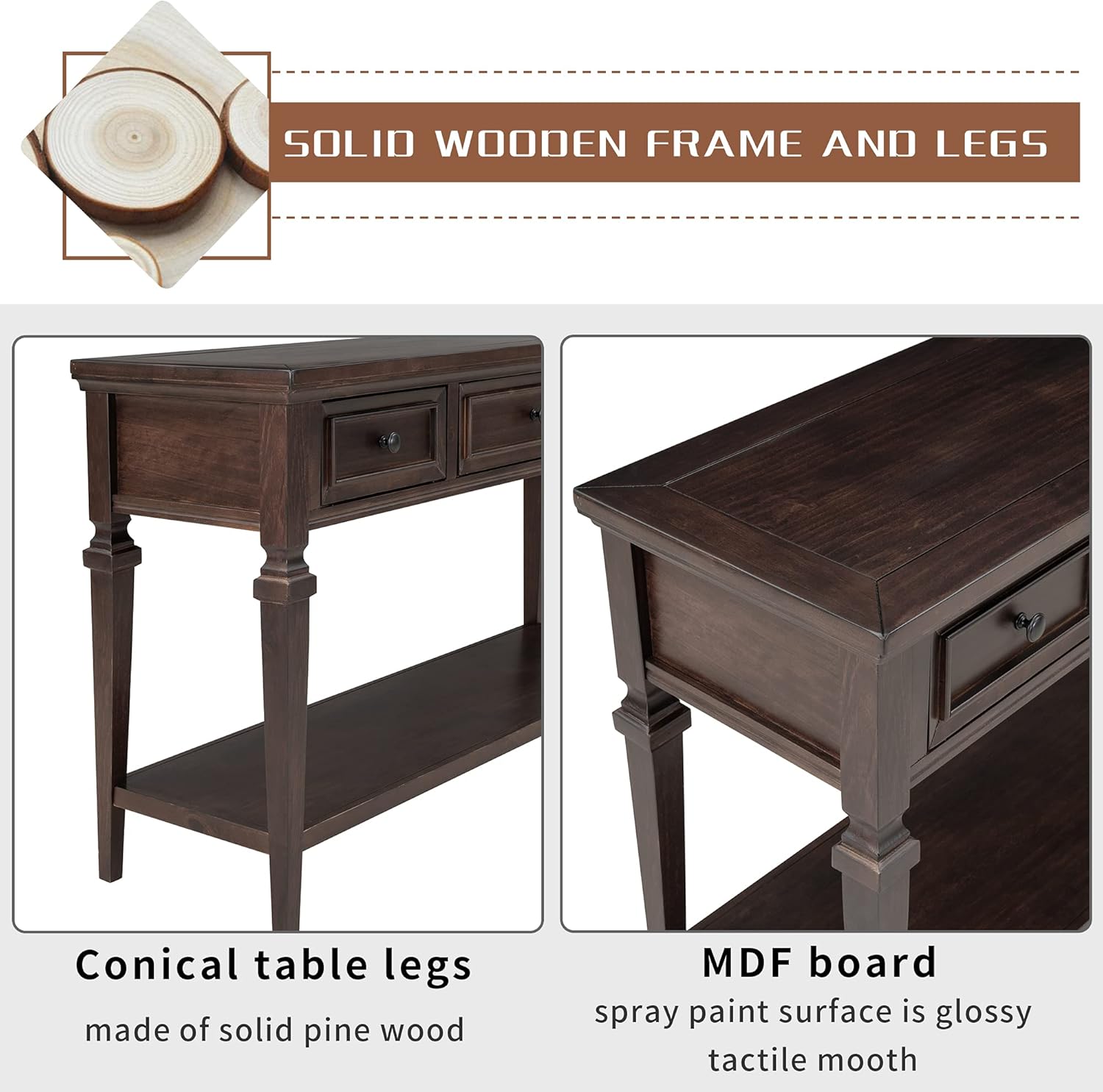 Merax Wood Farmhouse Entry Way Hallway Console Table with Drawers and Bottom Shelf Narrow Long Sideboard for Living Room Bedroom Espresso