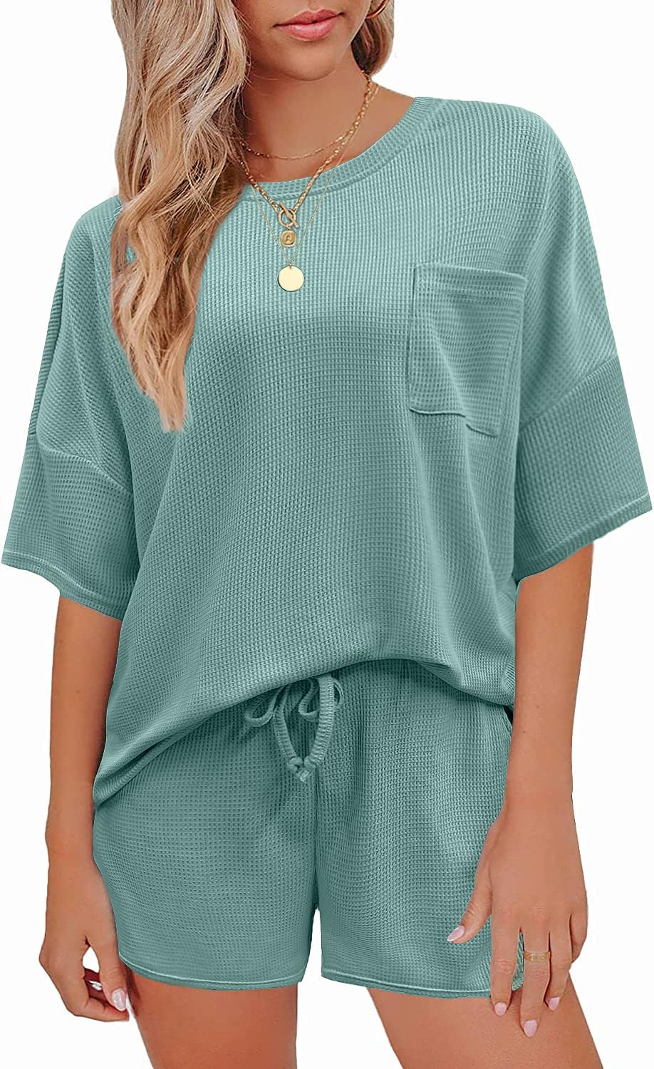 Pajamas Womens Waffle Knit Lounge Set Short Sleeve Top and Shorts 2 Piece Loungewear Outfits Pj Sets with Pockets