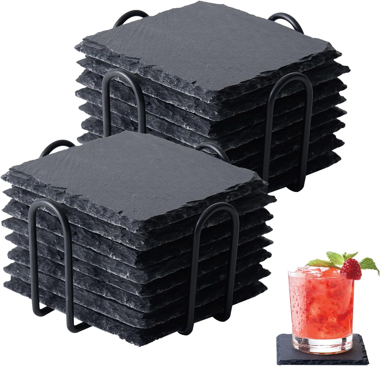 16 Pack Slate Coaster Set with Metal Holder, 4 Inch Black Square Stone Drink Coasters Bulk, Laser Engraving Blanks with Anti-Scratch Bottom for Coffee Bar Home Kitchen, Ideal Housewarming Wedding Gift