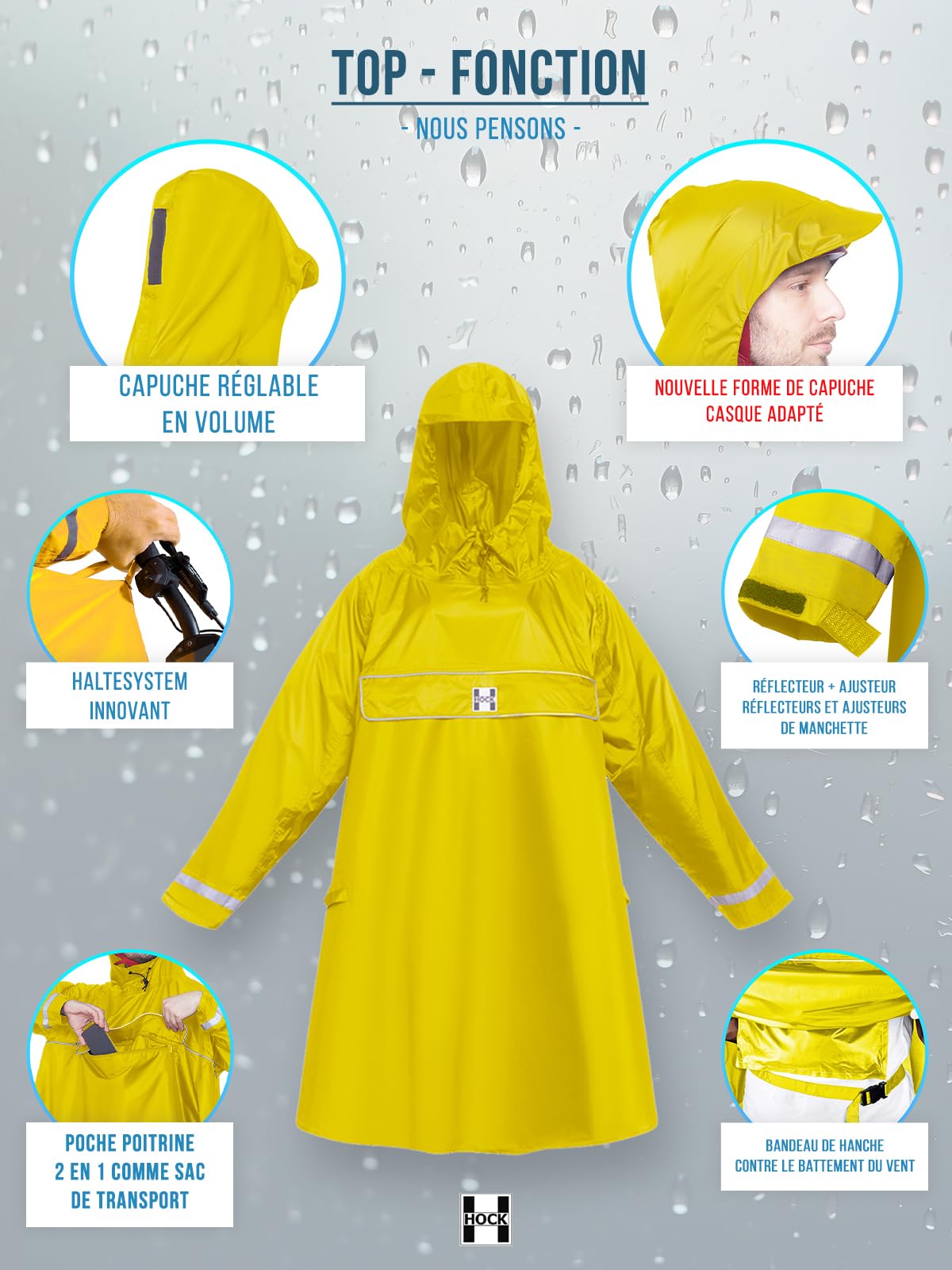HOCK Premium Poncho E-Bike – Poncho de pluie avec manches pour vélo et E-Bike