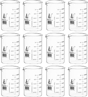 12PK Beakers, 250ml - ASTM - Low Form with Spout - Dual Scale, White Graduations - Borosilicate 3.3 Glass - Eisco Labs