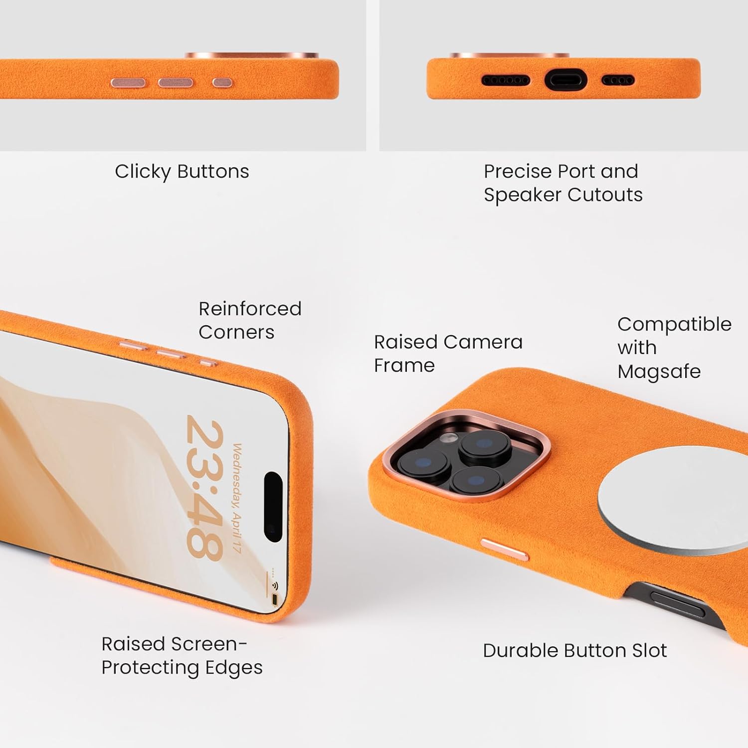 Alcantara Full-Wrap Phone Case for iPhone 16 Pro, Compatible with Mag-Safe Wireless Charging, Handmade Full-Wrap Italian Synthetic Suede Cover (Orange)