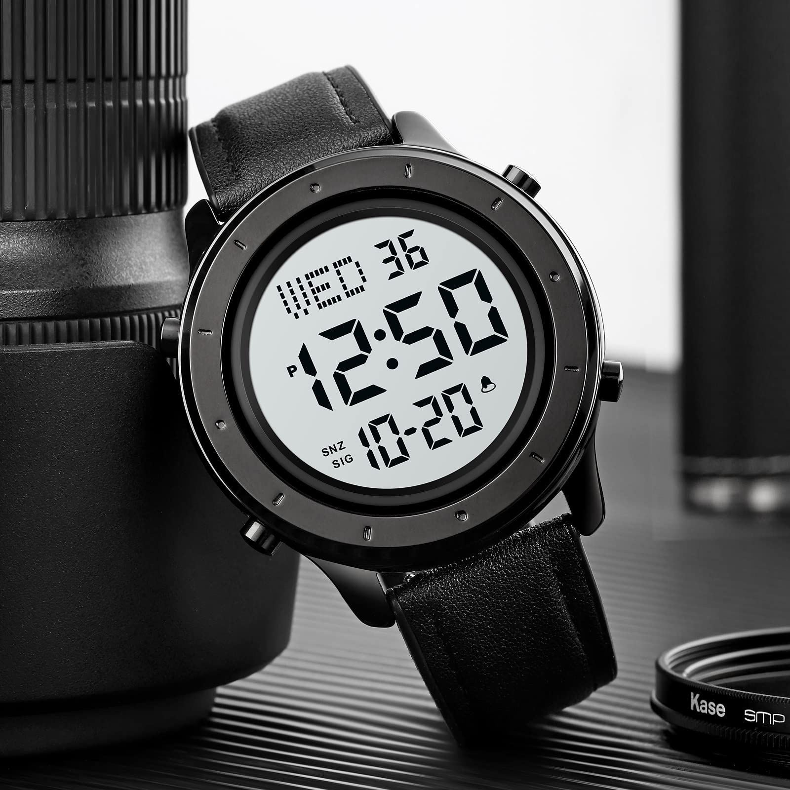 Reloj digital de cuero para hombre, pantalla grande simple, cuenta regresiva alarma, cronómetro, retroiluminación LED, relojes multifunción para negocios, Negro, Casual