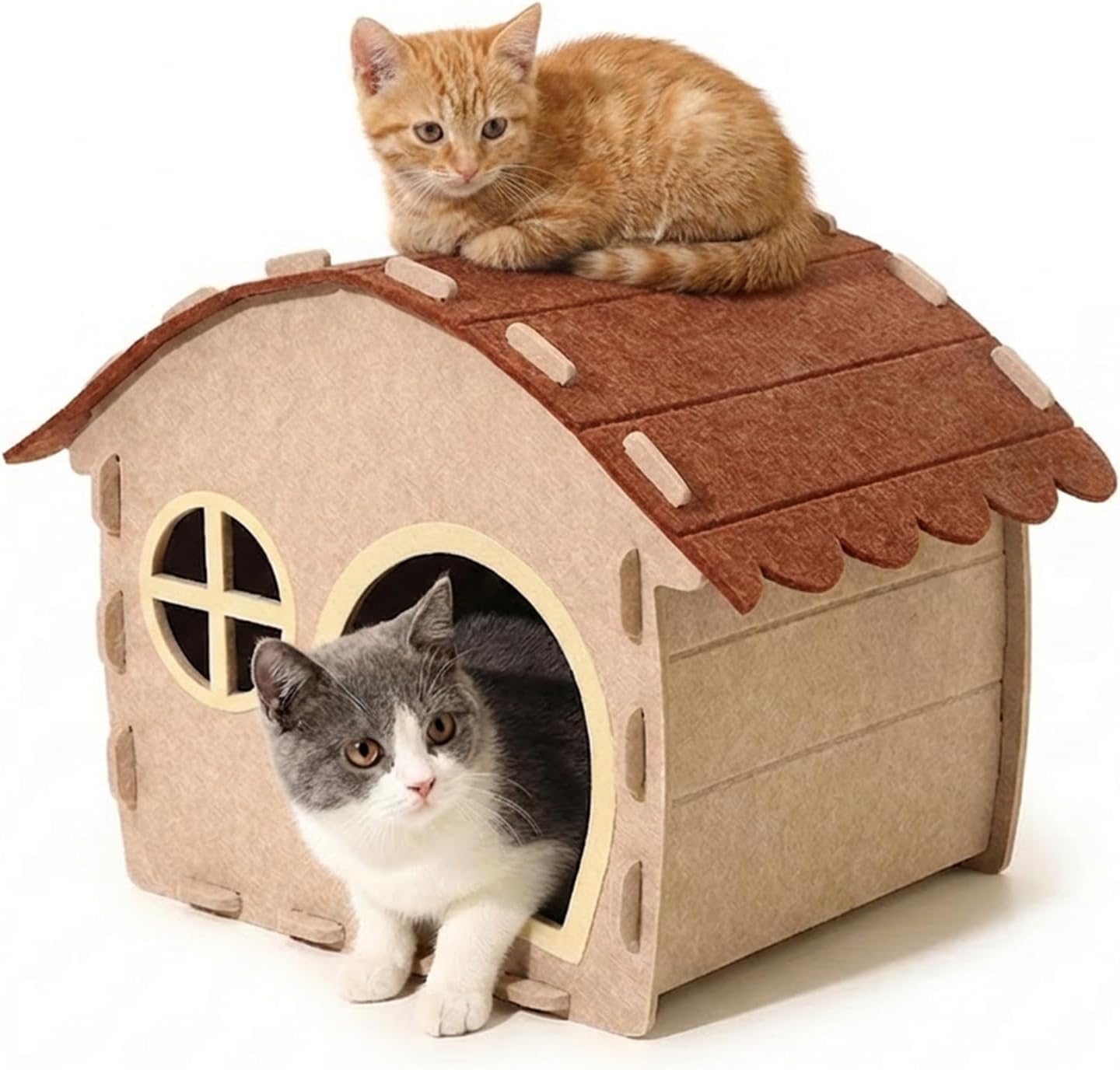 Cat Houses for Indoor Cats, Felt Cat House Cave Hideway, Foldable Cat Condos Type Cats Beds Playhouse for Large Cat Up to 22 lbs, 25.6x18.7x17.3 inch (Khaki)