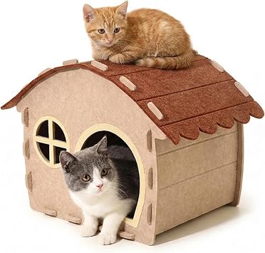 Cat Houses for Indoor Cats, Felt Cat House Cave Hideway, Foldable Cat Condos Type Cats Beds Playhouse for Large Cat Up to 22 lbs, 25.6x18.7x17.3 inch Khaki