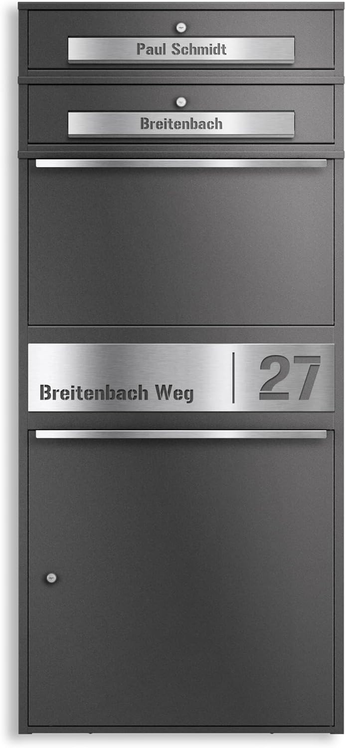 Bispo Max 2 Parcel Box with 3 Outdoor Letterboxes Large XXL, 3 Parcel Boxes with Parcel Compartment in DB 703 Iron Glimmer, Pack of 3 Personalised Stainless Steel Name Plate Engraving