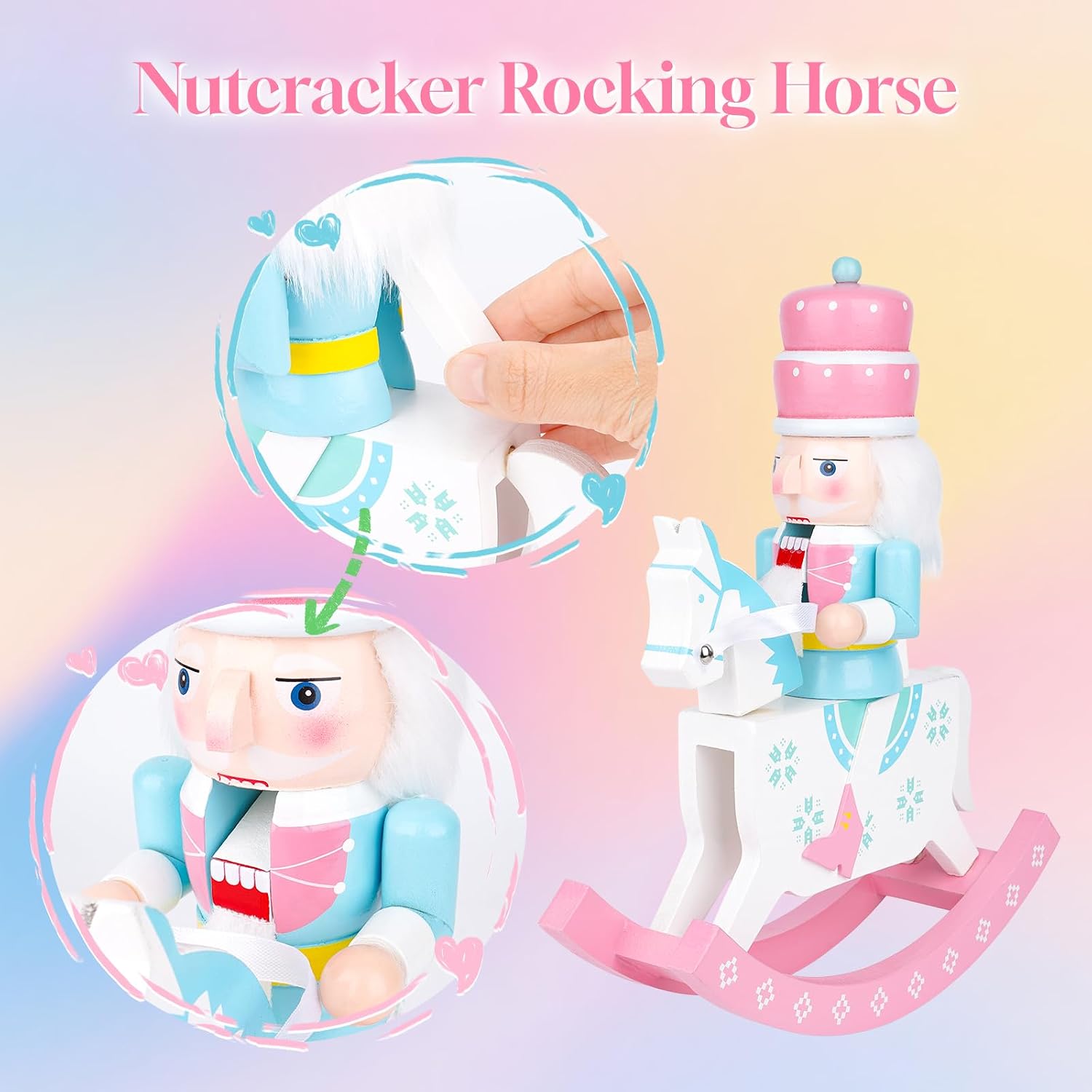 12 Inch Nutcracker Christmas Decor Wooden Rocking Horse, with Movable Mouth Soldier on Rocking Base for Xmas Tree Mantel Tabletop Holiday Decorations (White)