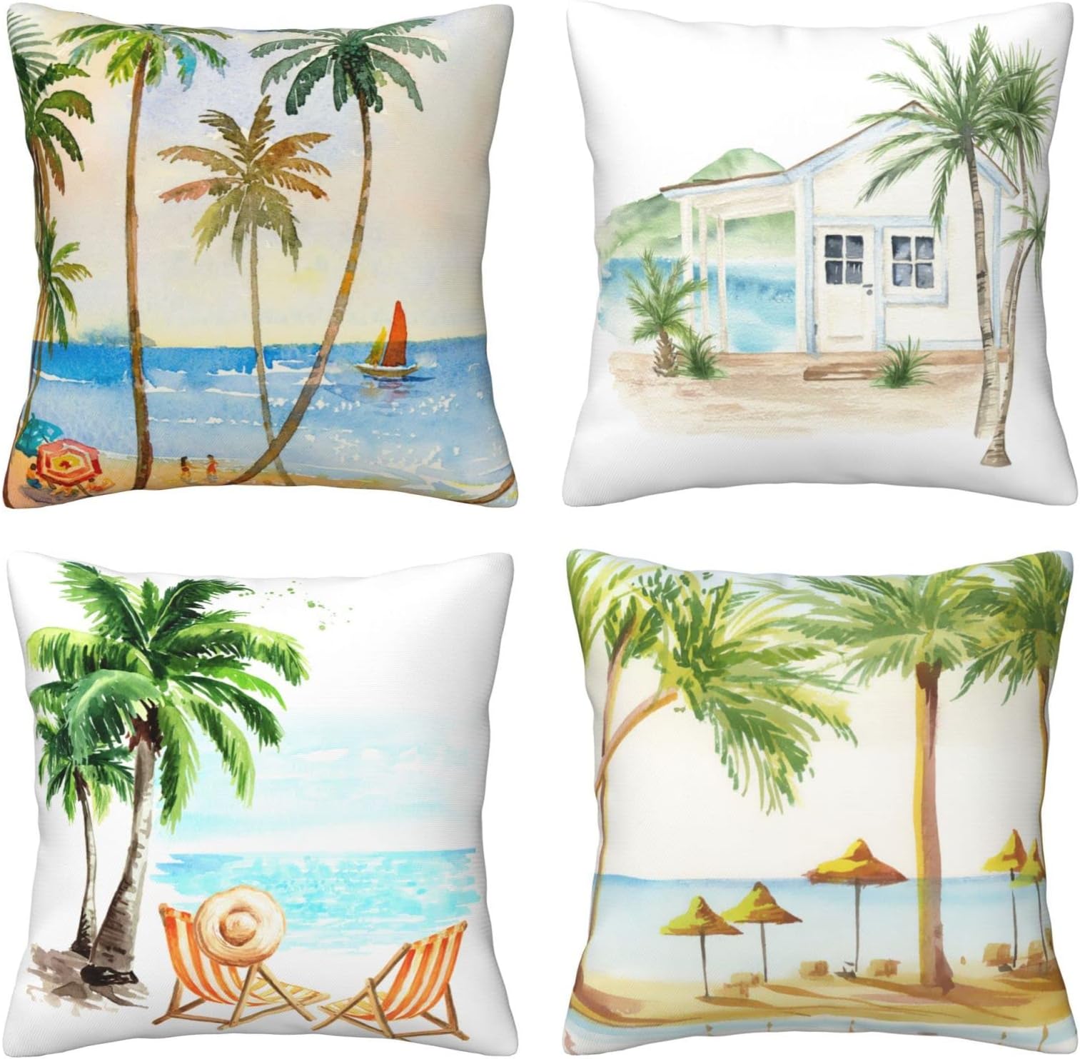 HOSTECCO Palm Tree Throw Pillow Covers 18x18 inches Set of 4 Tropical Beach Pillow Cases Green Leaves Decorative Cushion Covers for Sofa Couch Living Room