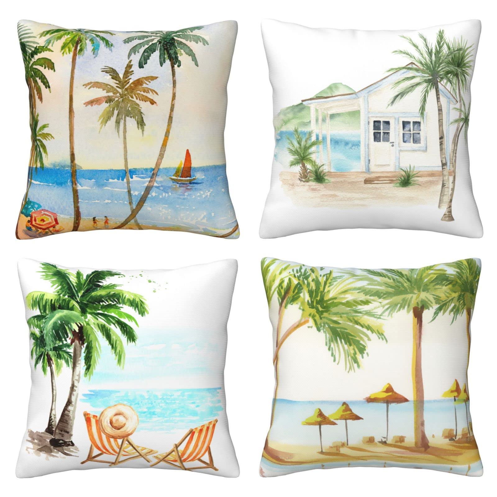 HOSTECCO Palm Tree Throw Pillow Covers 18x18 inches Set of 4 Tropical Beach Pillow Cases Green Leaves Decorative Cushion Covers for Sofa Couch Living Room