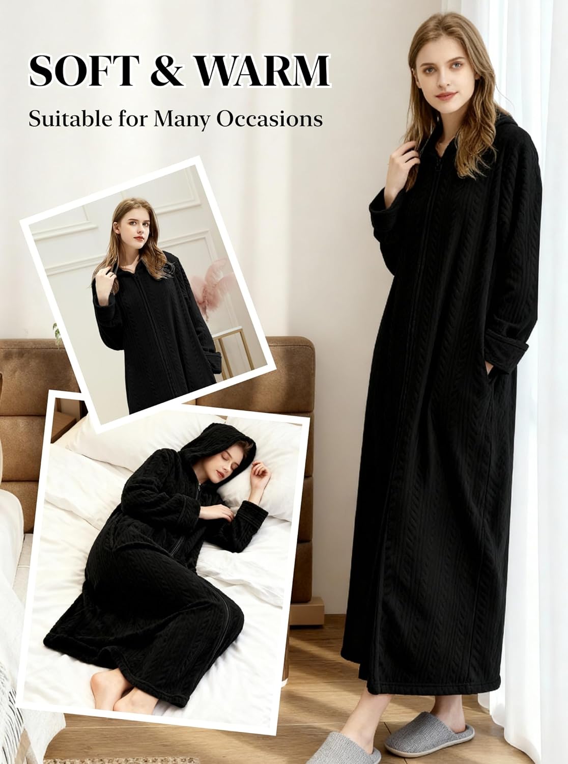 Artfasion Womens Robe Long Zipper Front Hooded Full Length Housecoat Sleepwear for Ladies - Image 6
