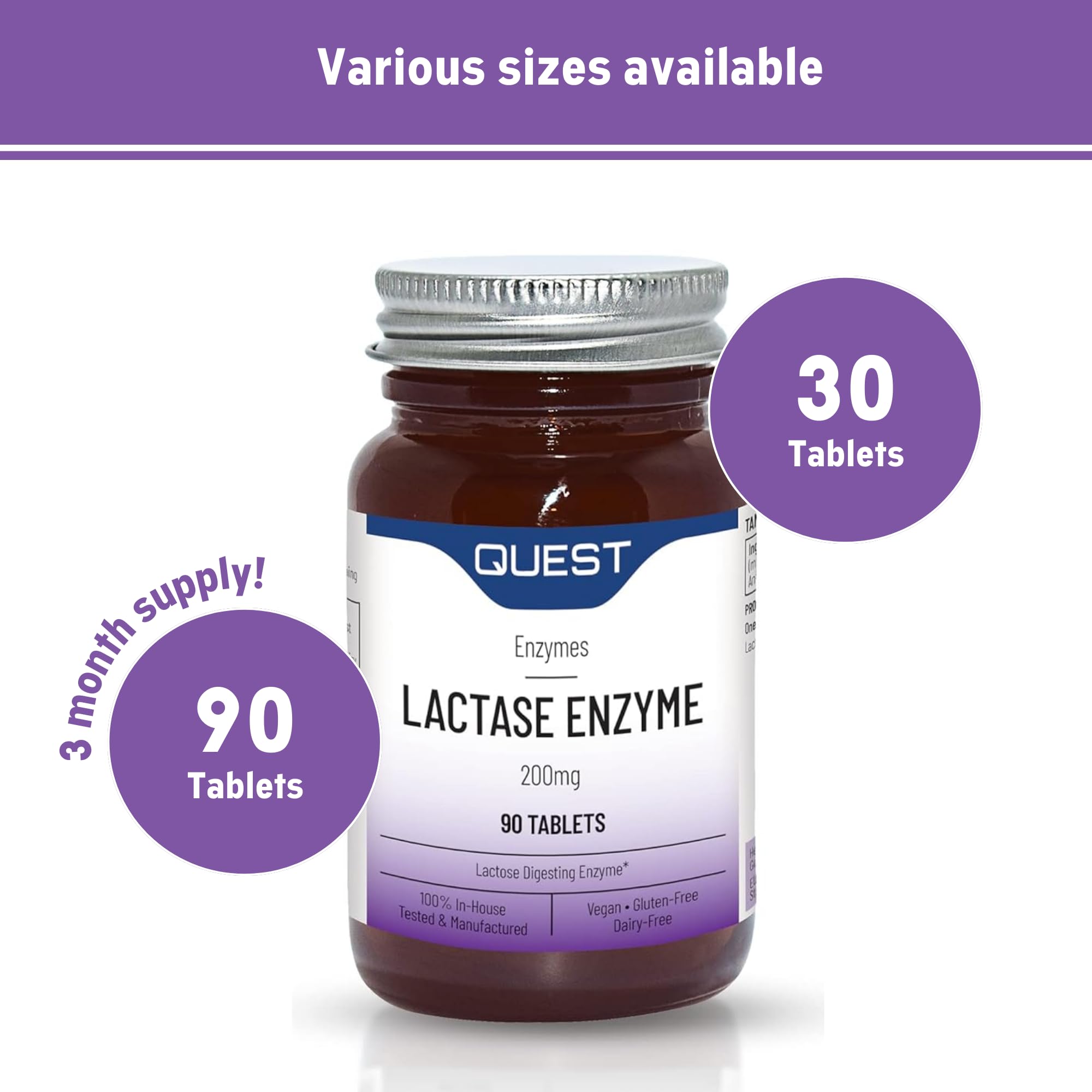 Quest Lactase Enzyme 200 mg Soulagement de l'intolérance au lactose. 2000 ALU Complément digestif pour prévenir les gaz, les ballonnements et la diarrhée. Produits laitiers, sans gluten et végétalien