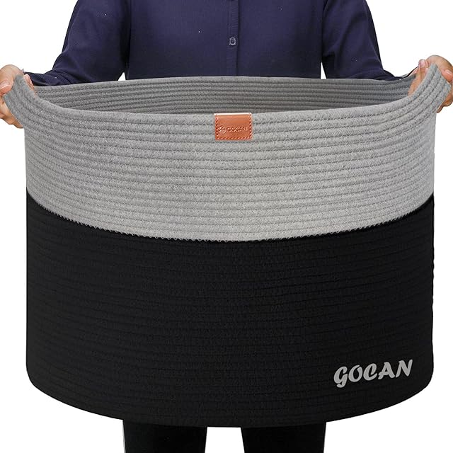 GOCAN XXXL large rope laundry basket washing basket D55XH35cm storage basket hamper basket with Handles For dog toy basket linen basket laundry baskets for bedrooms (Blk/Grey)