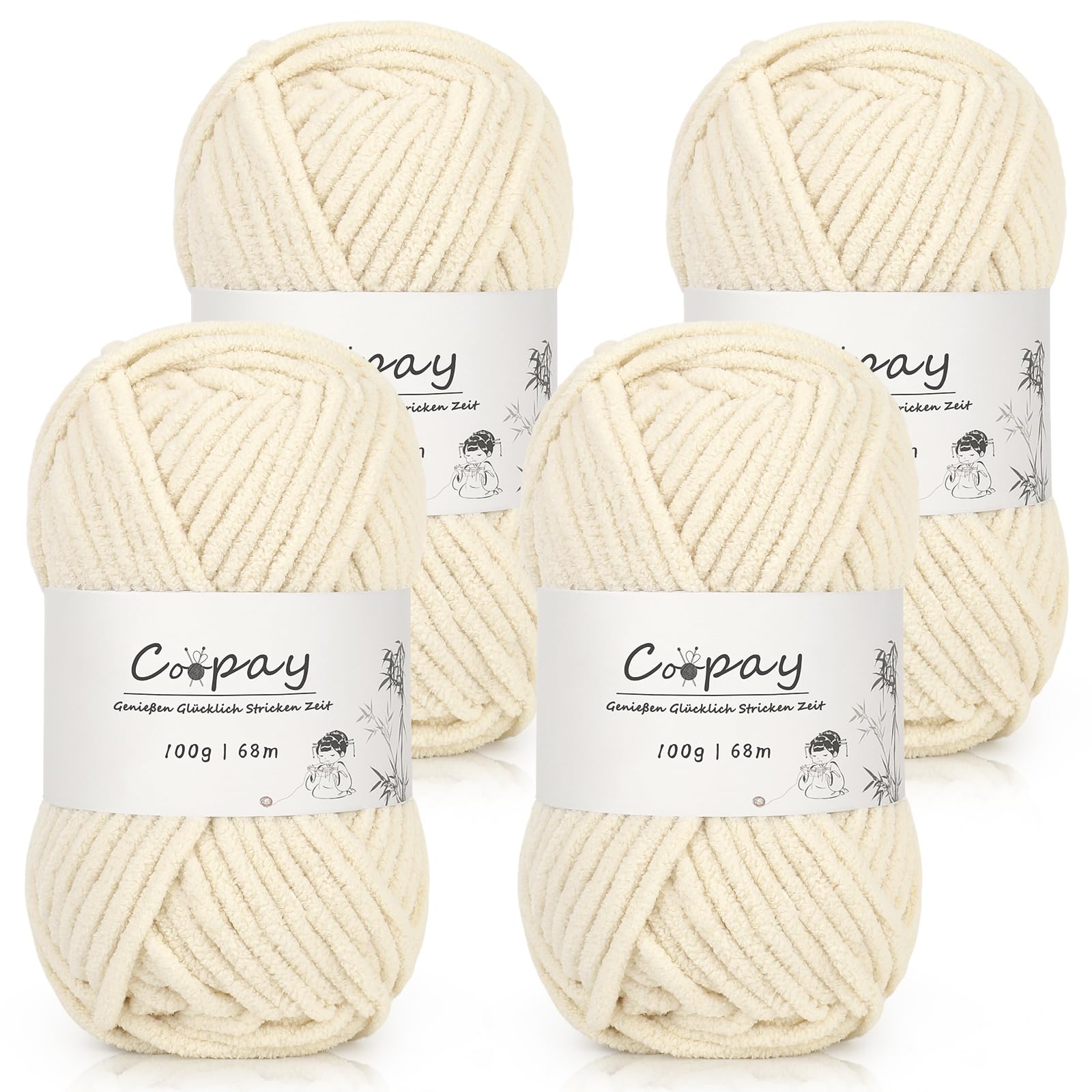 Coopay Chenille Chunky Wolle zum Häkeln Dickes Garn, 4 x 100g Dicke Wolle zum Stricken, Super Flauschig Weiches Wolle für Babydecke, Grobes Chenille-Garn für Decken, Schals, Taschen - Hellkhaki