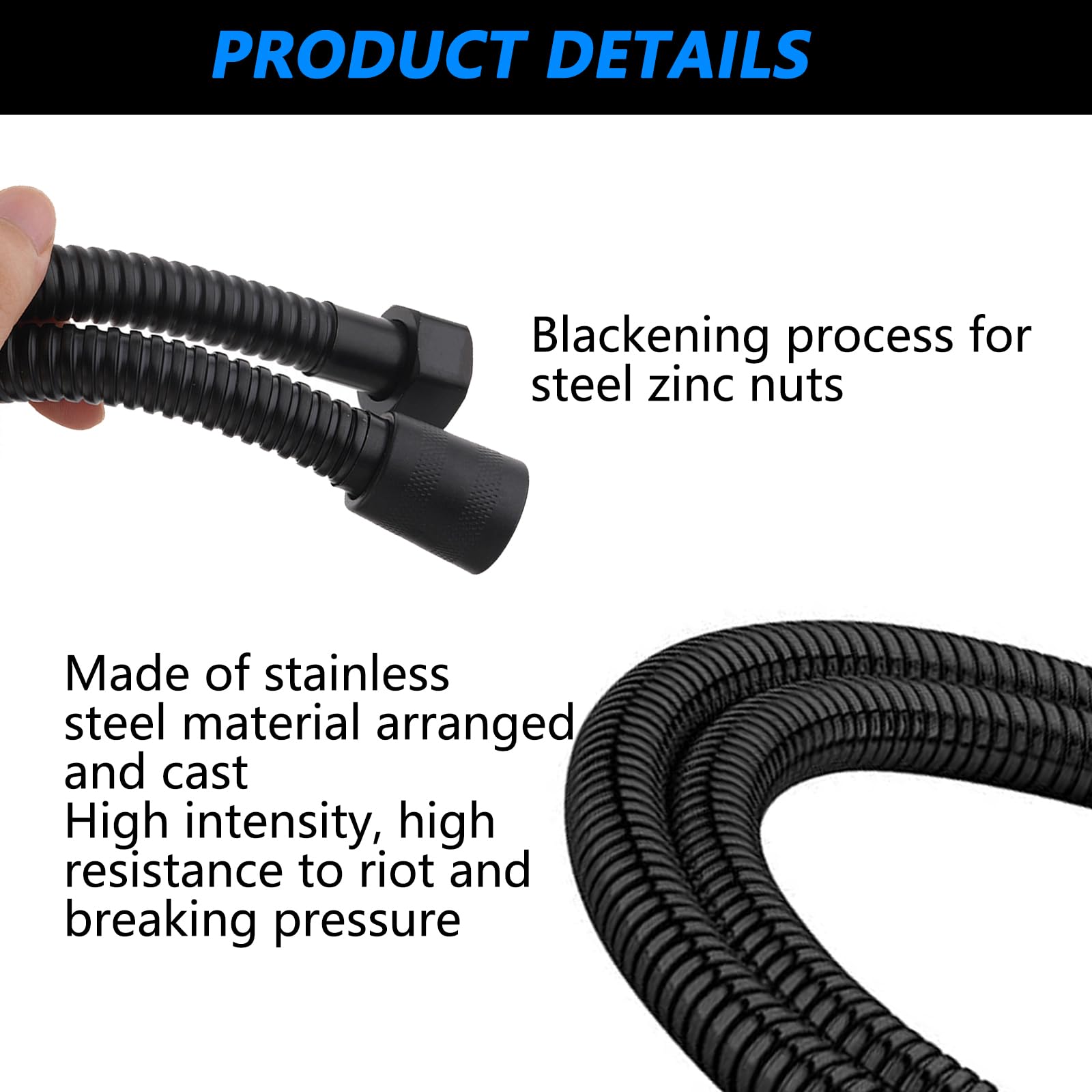 Tubo Doccia Nero 2 M, Flessibile Doccia In Acciaio Inox Standard 1/2" Connettore Universale Anti-Torsione Tubo Doccia per Doccetta E Rubinetti Vasca Da Bagno