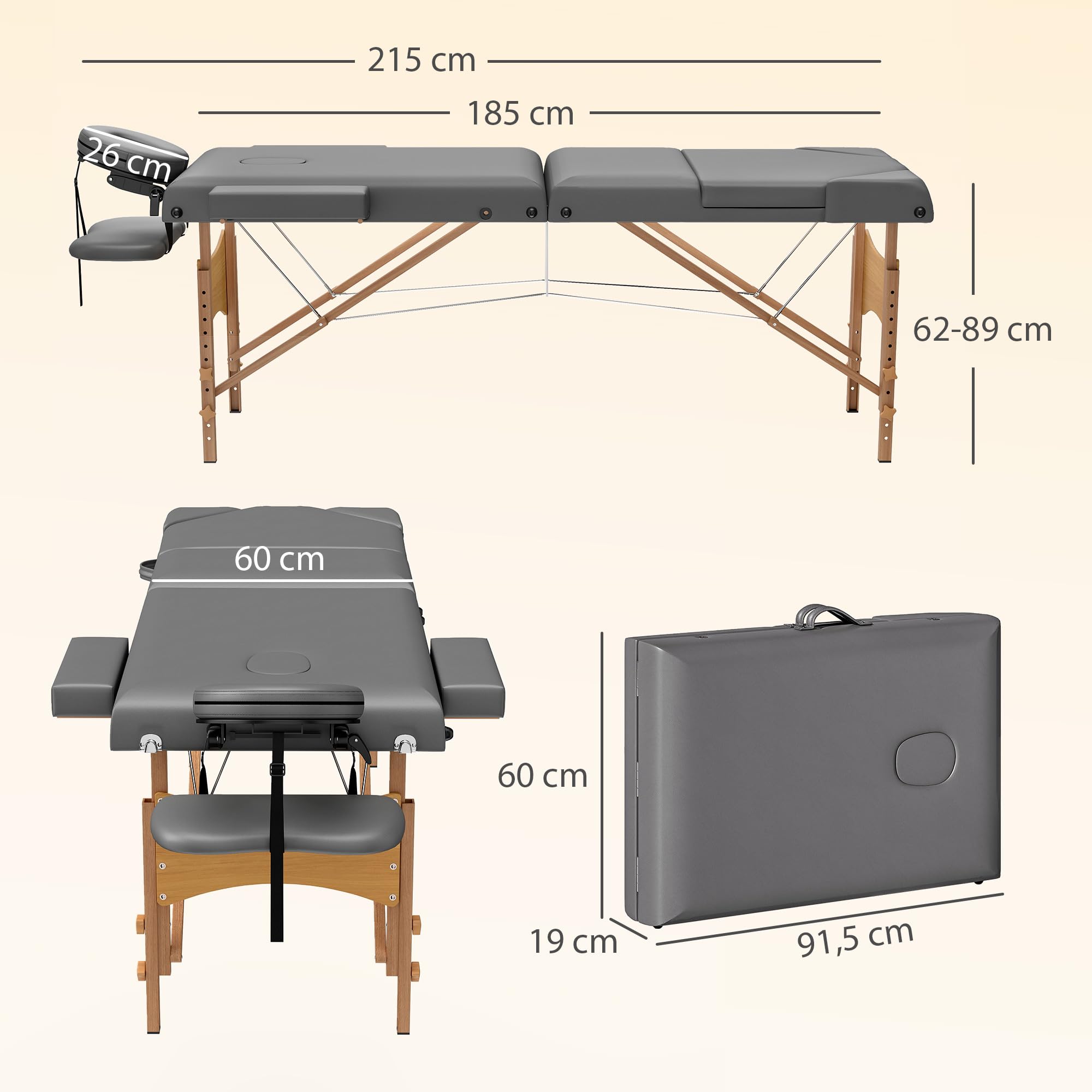 HOMCOM Table de Massage Pliante, lit de Massage 3 Zones Portable 185 x 60 cm, Hauteur et Dossier réglables, Appui-tête, accoudoirs, Repose-Bras, Table esthétique Tatouage en Bois de hêtre, Gris