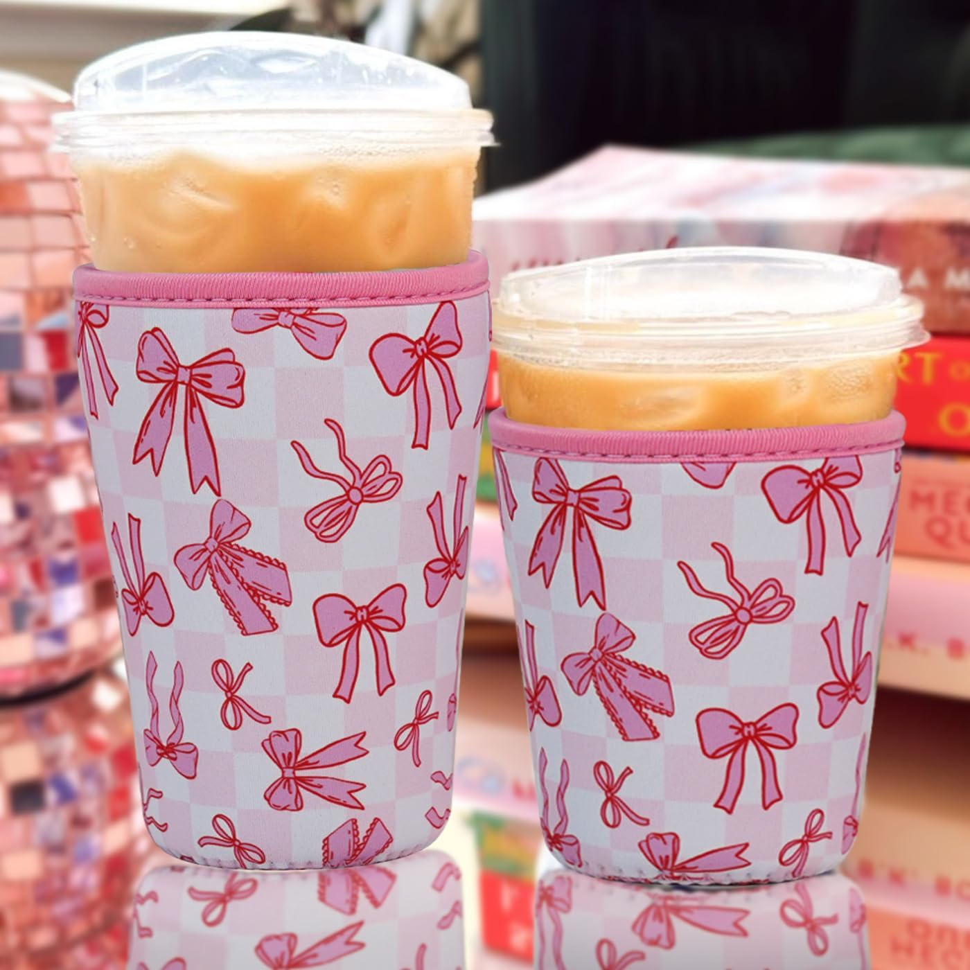 Reusable Insulated Neoprene Iced Coffee Cup Sleeve, Durable Drink Sleeve for Cold Beverages, Beverage Holder for Iced Coffee, Pink Bow Checkers image 5
