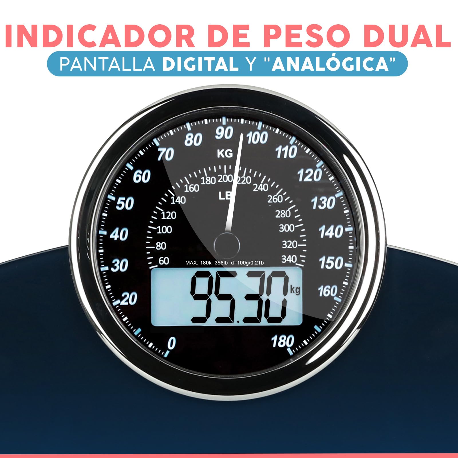 Báscula Híbrida 2 en 1 Analógica y Digital Adamson para Peso Corporal de Hasta 180 kg - Vidrio Grueso - Pantalla Extragrande - Báscula Digital - Fácil de Leer - Azul con Retroiluminación Negra