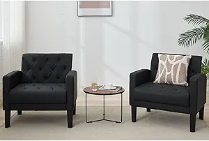 TYBOATLE Accent Chairs Set of 2 Comfy Living Room Chair Black Leather Tufted Mid Century Modern Accent Chair, Small Cozy Reading Arm Chair for Office, Bedroom (2, Black)