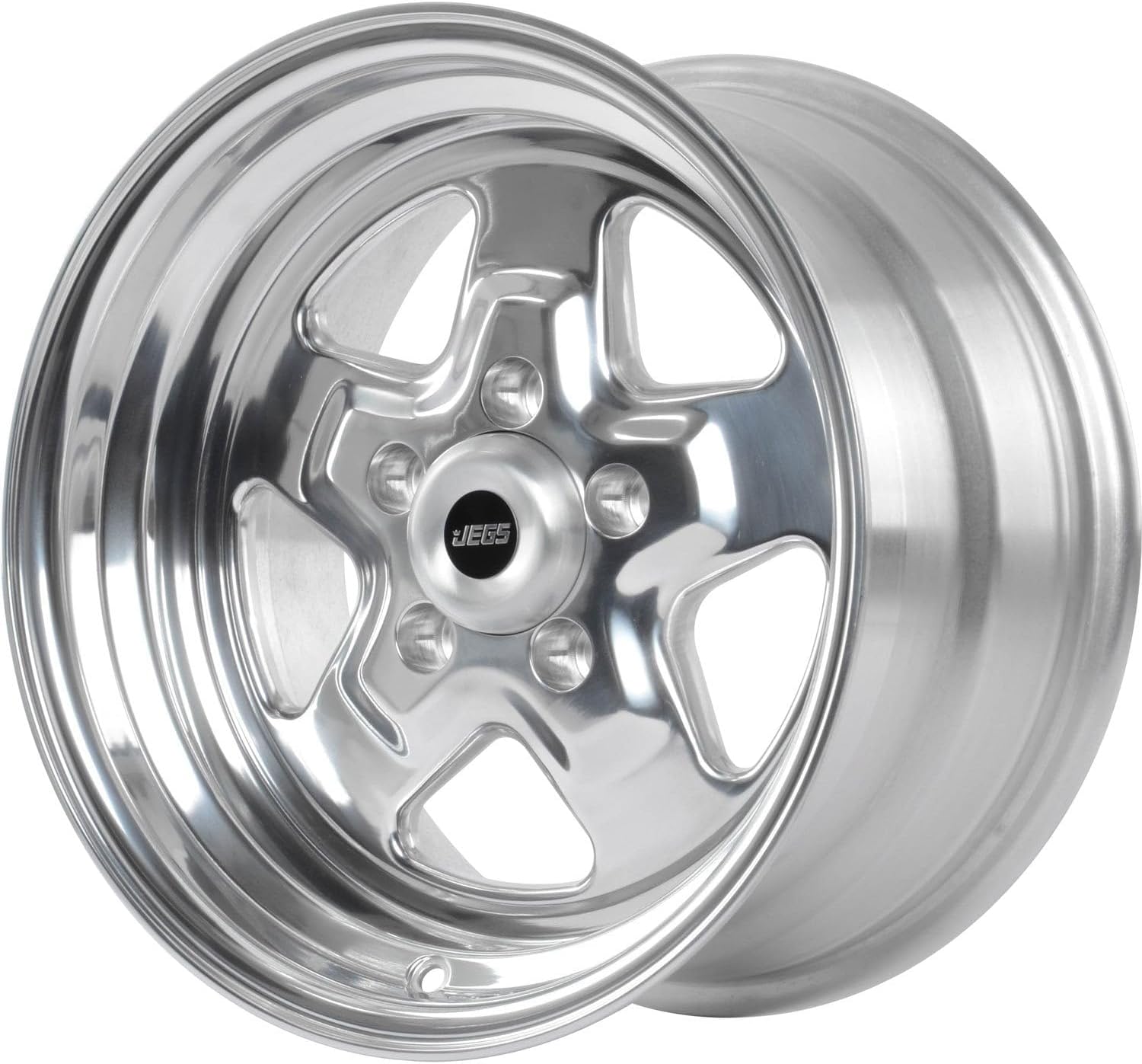 JEGS Sport Star Aluminum Wheel 15in.x 8in.| 5 x 4.5in.Wheel Bolt Pattern Spacing | 0 mm Offset | 4.5in.Backspacing | Polished Finish | 3.27in.Center Bore | Includes Center Cap