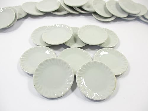 Plato redondo blanco de 0.394 x 1.378 in para casa de muñecas, utensilios de cocina de cerámica en miniatura 16 compatible con Barbie 10842