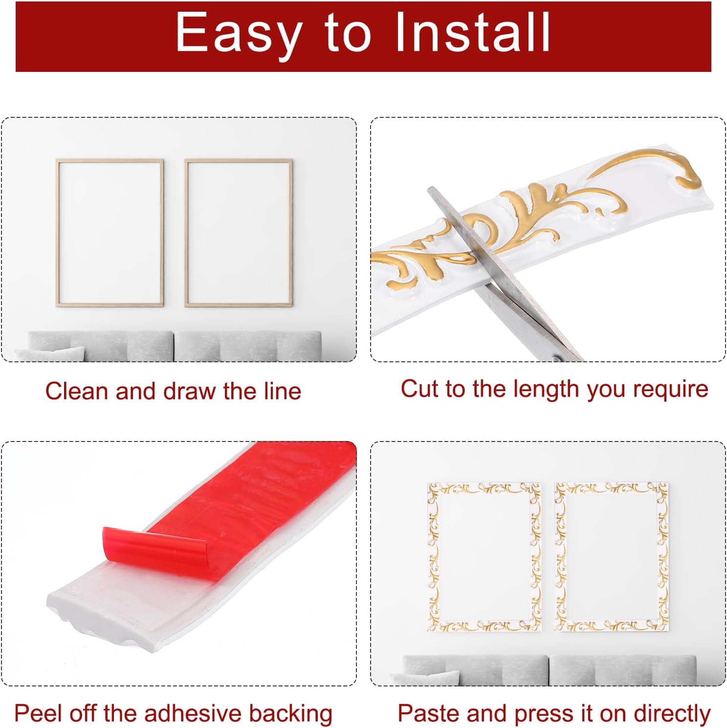 uxcell Flexible Wall Molding Trim, 1" x 16.4 Ft Peel and Stick Edge Trim Waterproof Self-Adhesive Wall Trim for Mirror Frame Wall Edge DIY Home Decoration, White & Gold