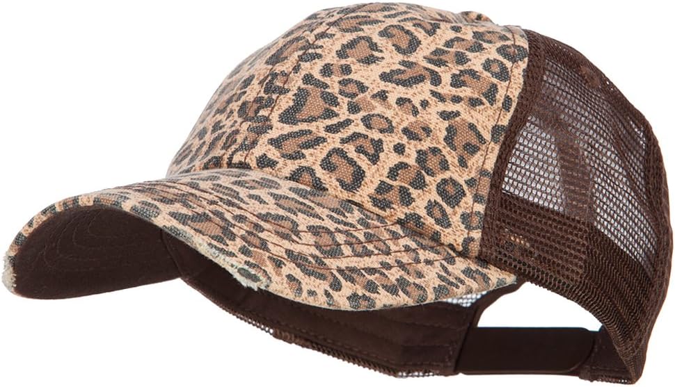 Low Profile Canvas Leopard Print Mesh Trucker Cap, Brown