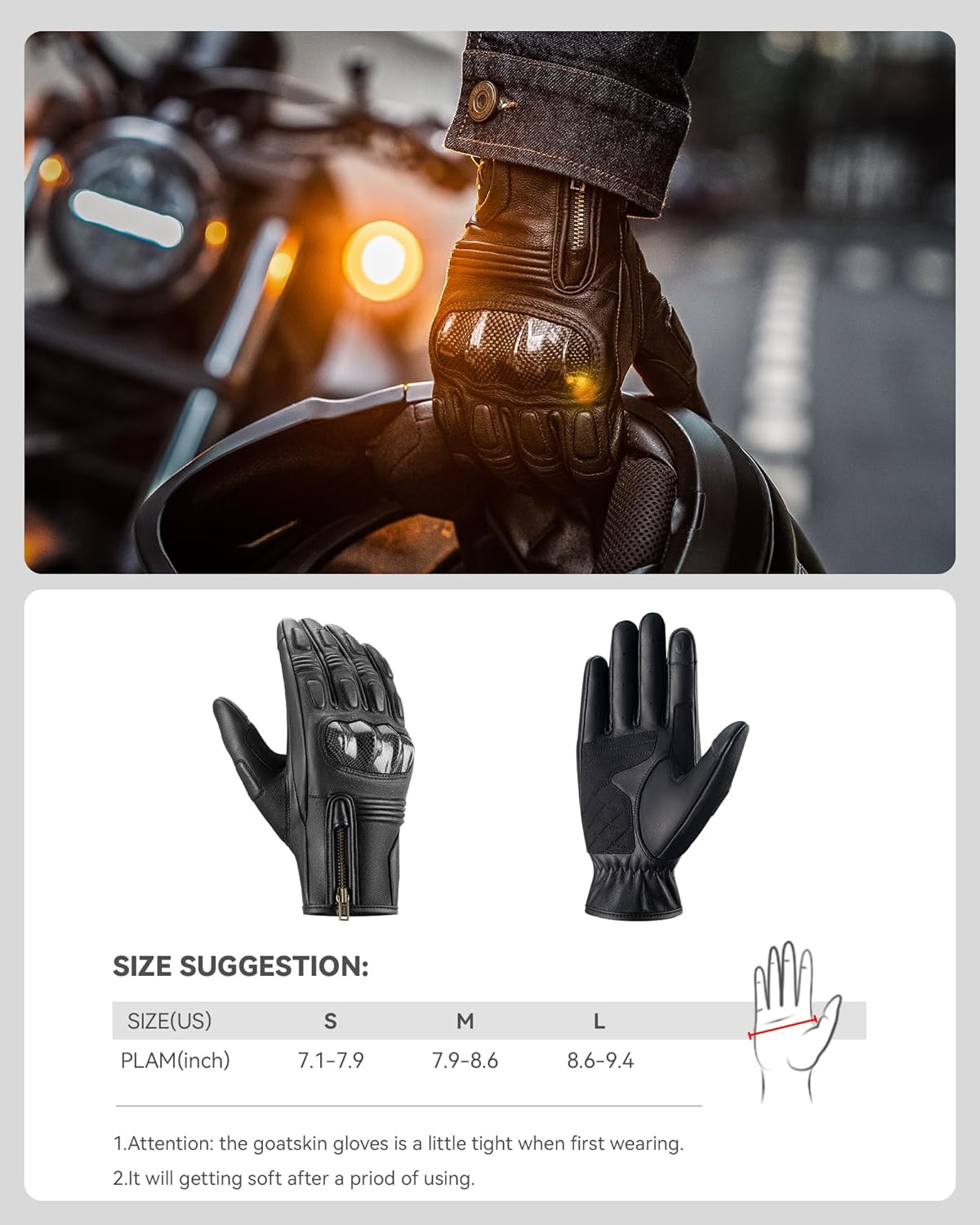 ROCKBROS Motorcycle & Mountain Bike Gloves for Men Women Goatskin Bicycle Gloves Breathable, Carbon Fiber Protection, Sensitive Finger, MTB Gloves for Dirt Bike, Climbing, Racing,Skiing,Work