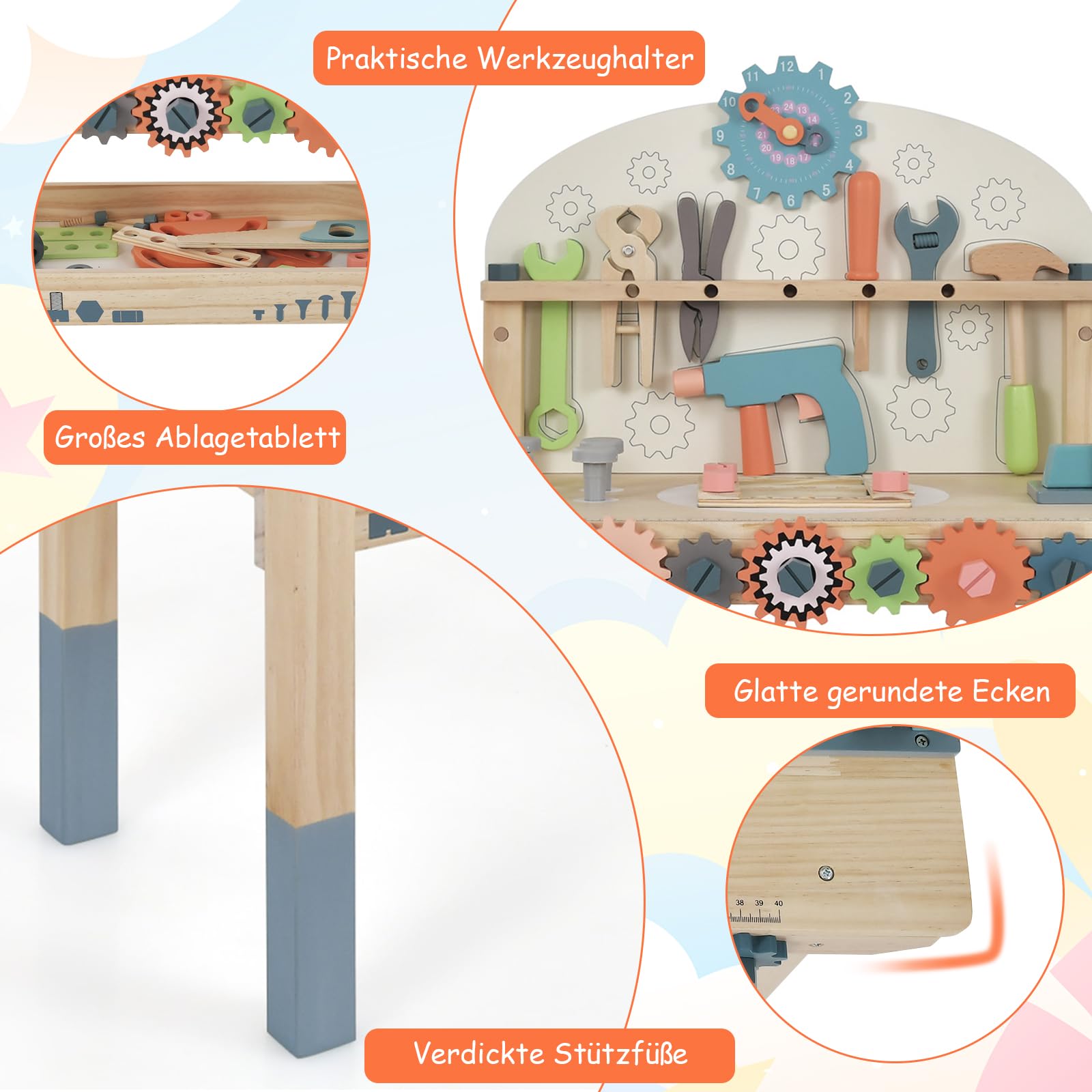 GOPLUS Kinder Werkzeugbank, Spielwerkbank aus Holz mit magnetischem Werkzeughalter, Arbeitsplatte & unterer Ablage, Kinderwerkbank mit reichhaltigem Zubehör und Werkzeug für Kinder ab 3