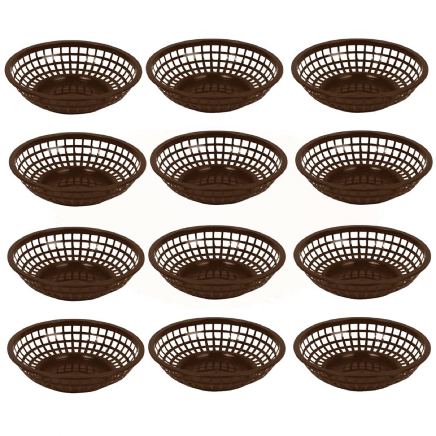 TrueCraftware- 8" Round Fast Food Basket Brown Plastic Set of 12- Fry Fast Food Reusable Foodservice Restaurant Diner Tray Plates Restaurant Supplies Deli Serving Chicken Burgers Sandwiches & Fries