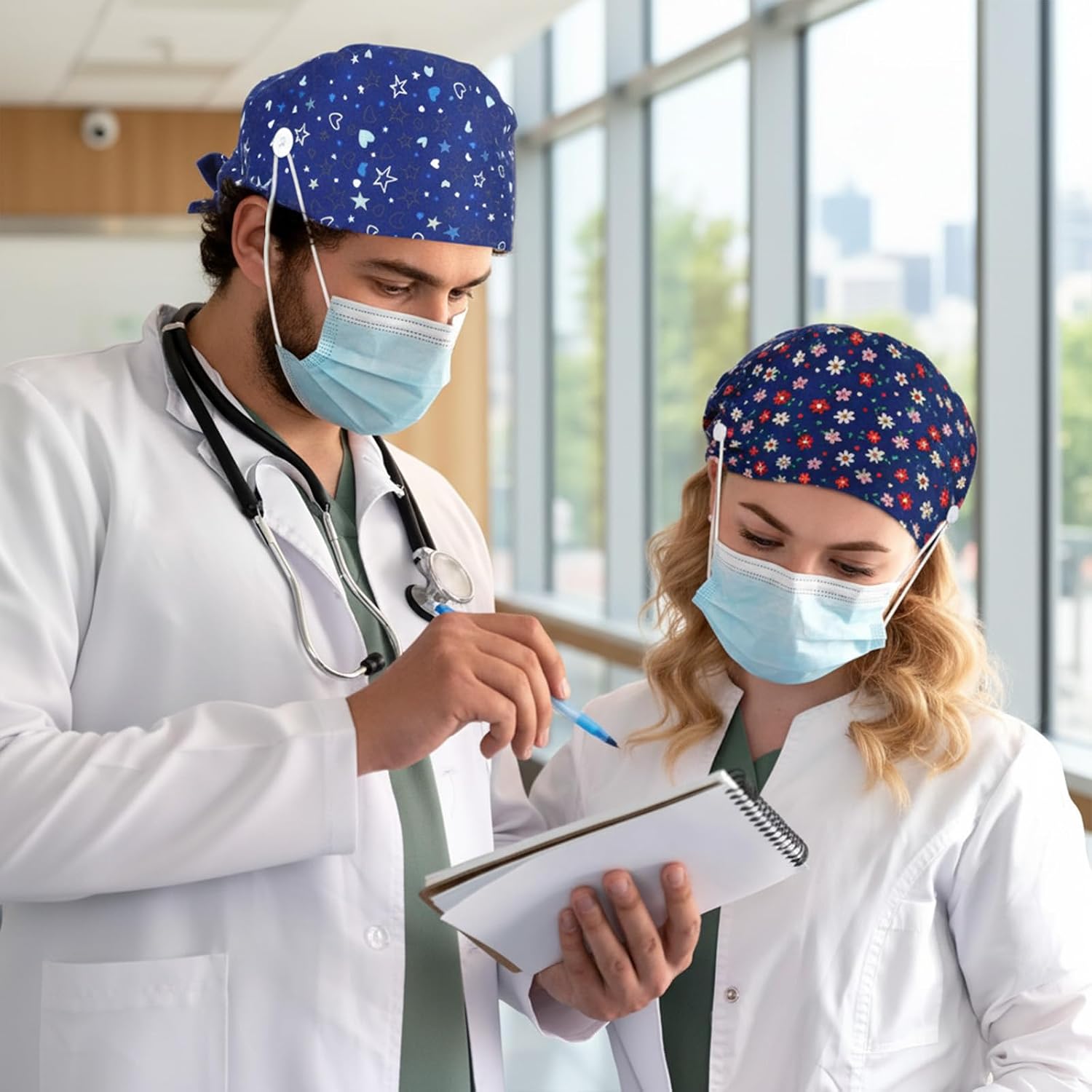 Qianyu 3 Pcs Scrub Caps Women Adjustable Surgical Cap with Button Lightweight Breathable Cute Nursing Working Hats