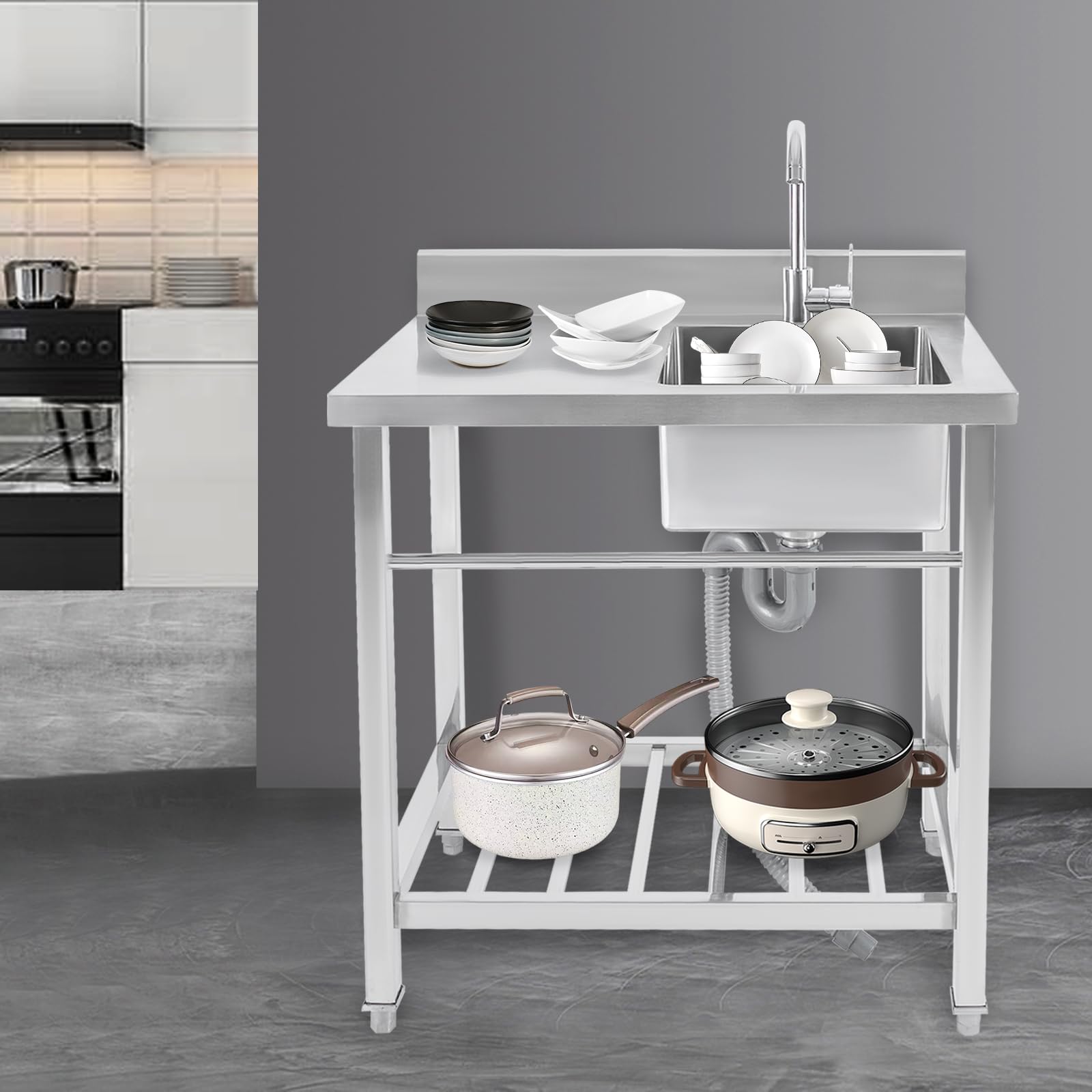 Edelstahl Spültisch Freistehende Spüle mit Unterschrank, Commercial 80x55x84cm Outdoor Camping Spüle mit Armatur, Küchenspüle mit Plattform Tragfähigkeit 100KG, 1 Becken