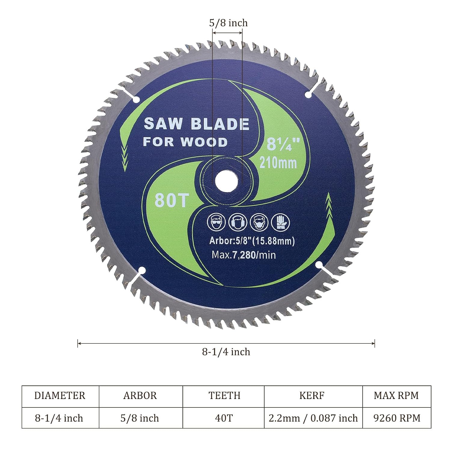 Circular Saw Blade - [8-1/4 Inch x 80 Teeth x 5/8 Inch Arbor] Tungsten Carbide Tipped Table Miter Saw Blades with 5/8 Inch to 1/2 Inch 3/8 Inch Washer Adapters | Green