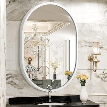 JJUUYOU Oval Bathroom Mirror Metal Frame Mirrors for Wall Mounted 40 30 CM Small White Aluminum Alloy Mirror Decorative for Living Room Bedroom Entryway Halls Vertical Hanging Mirrors