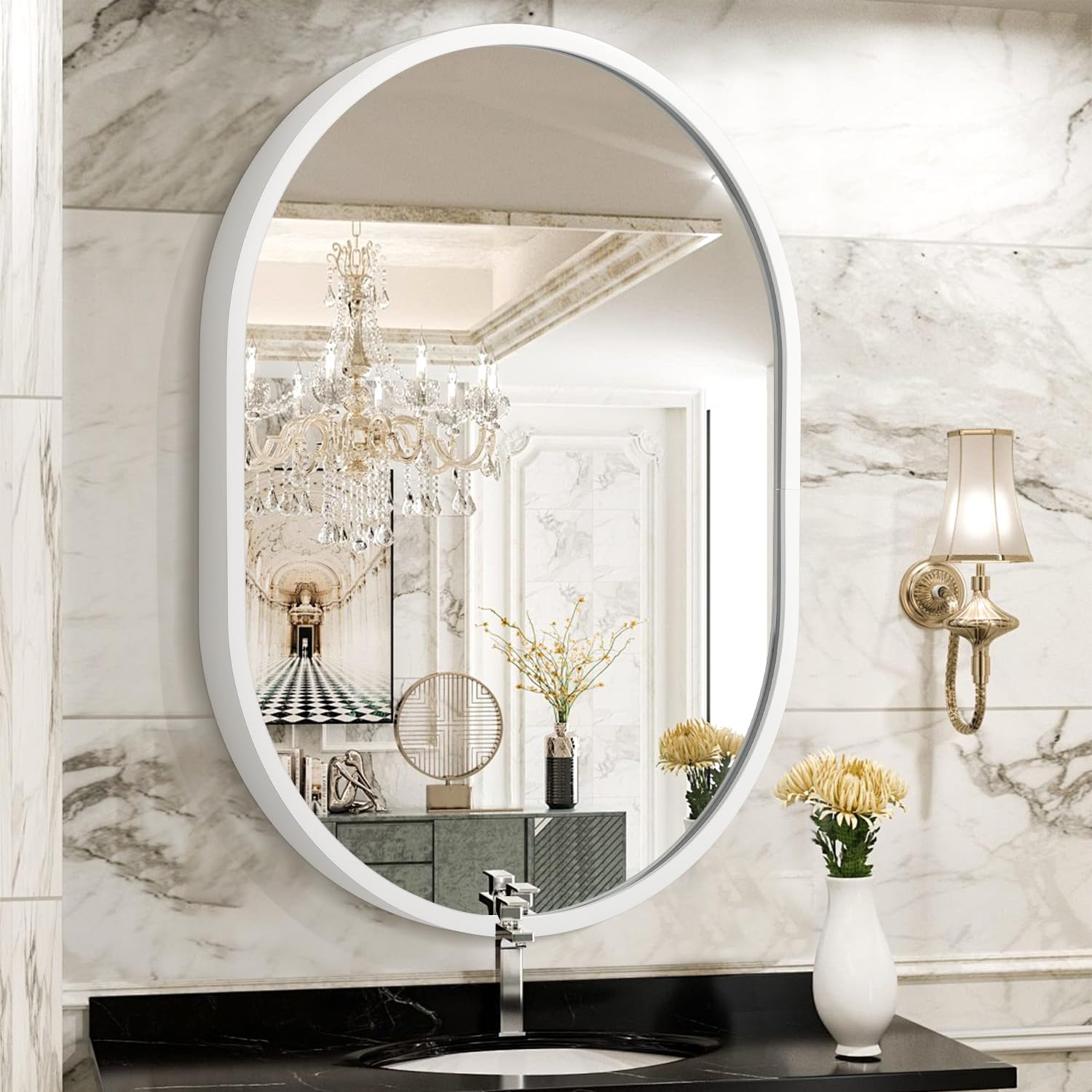 JJUUYOU Oval Bathroom Mirror Metal Frame Mirrors for Wall Mounted 40ร30 CM Small White Aluminum Alloy Mirror Decorative for Living Room Bedroom Entryway Halls Vertical Hanging Mirrors