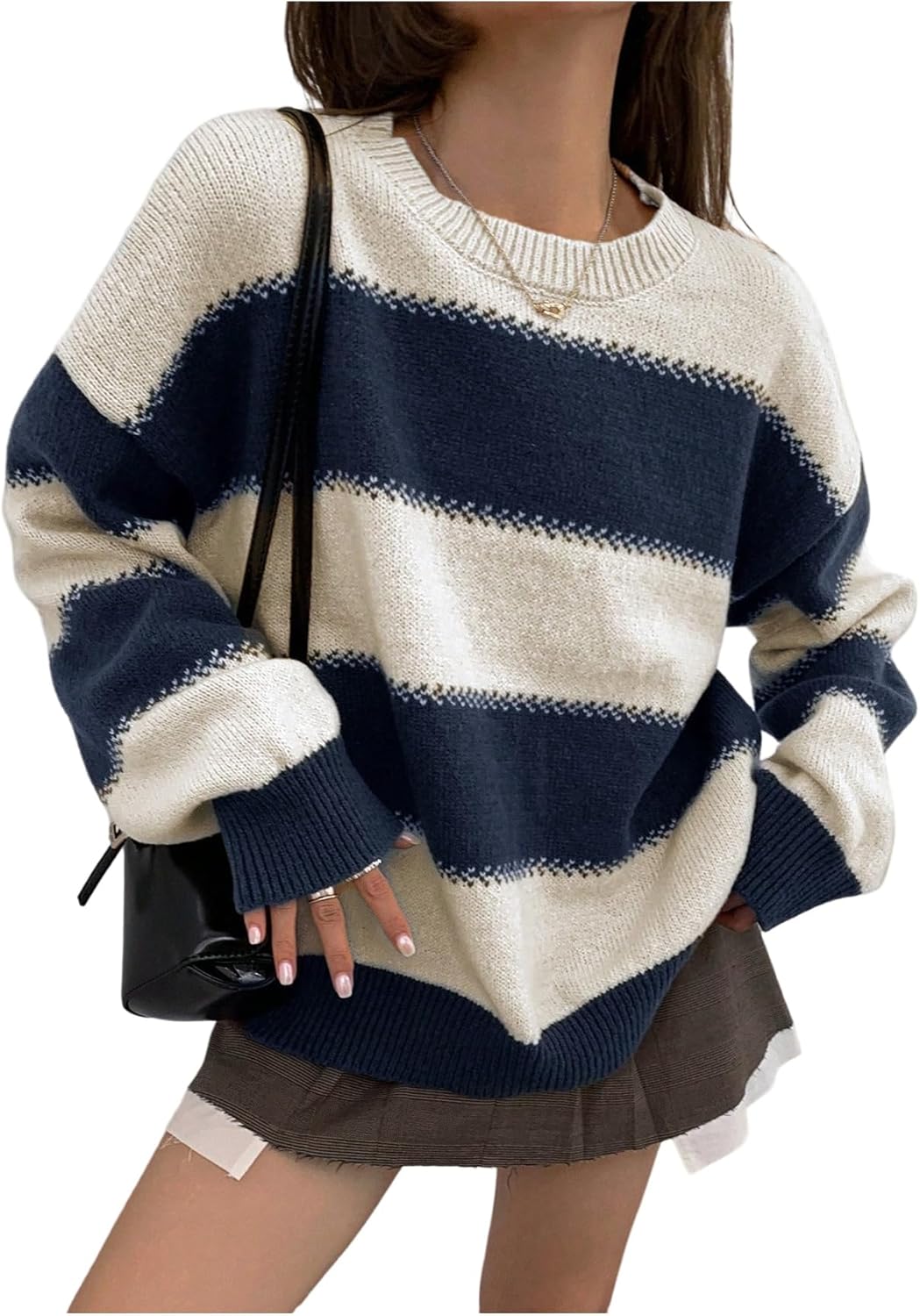 Verdusa Women's Striped Sweater Color Block Pullovers Sweaters Long Sleeve Knit Tops