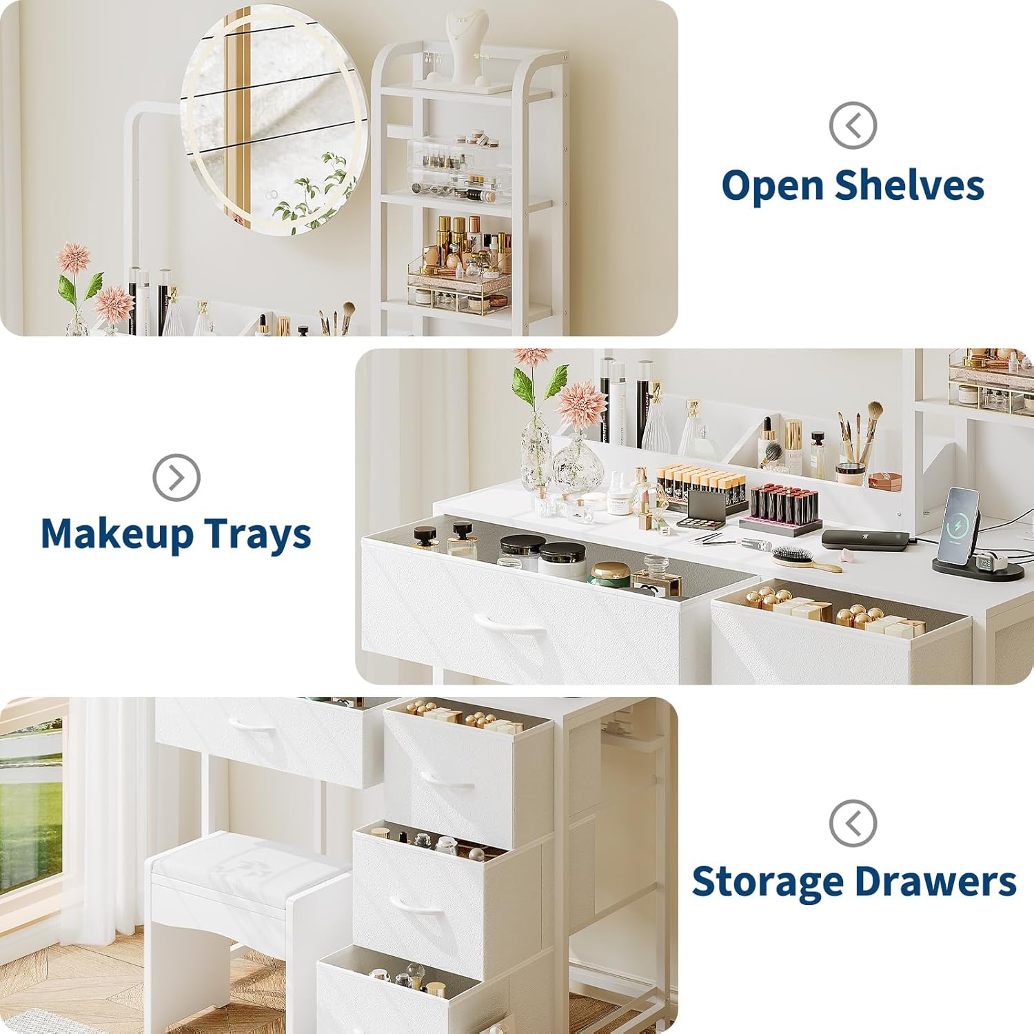 GarveeHome Small Vanity Desk with Lighted Round Mirror & Power Outlet, Makeup Vanity Table with 4 Fabric Drawers & 3 Shelves, Modern Dressing Table for Bedroom