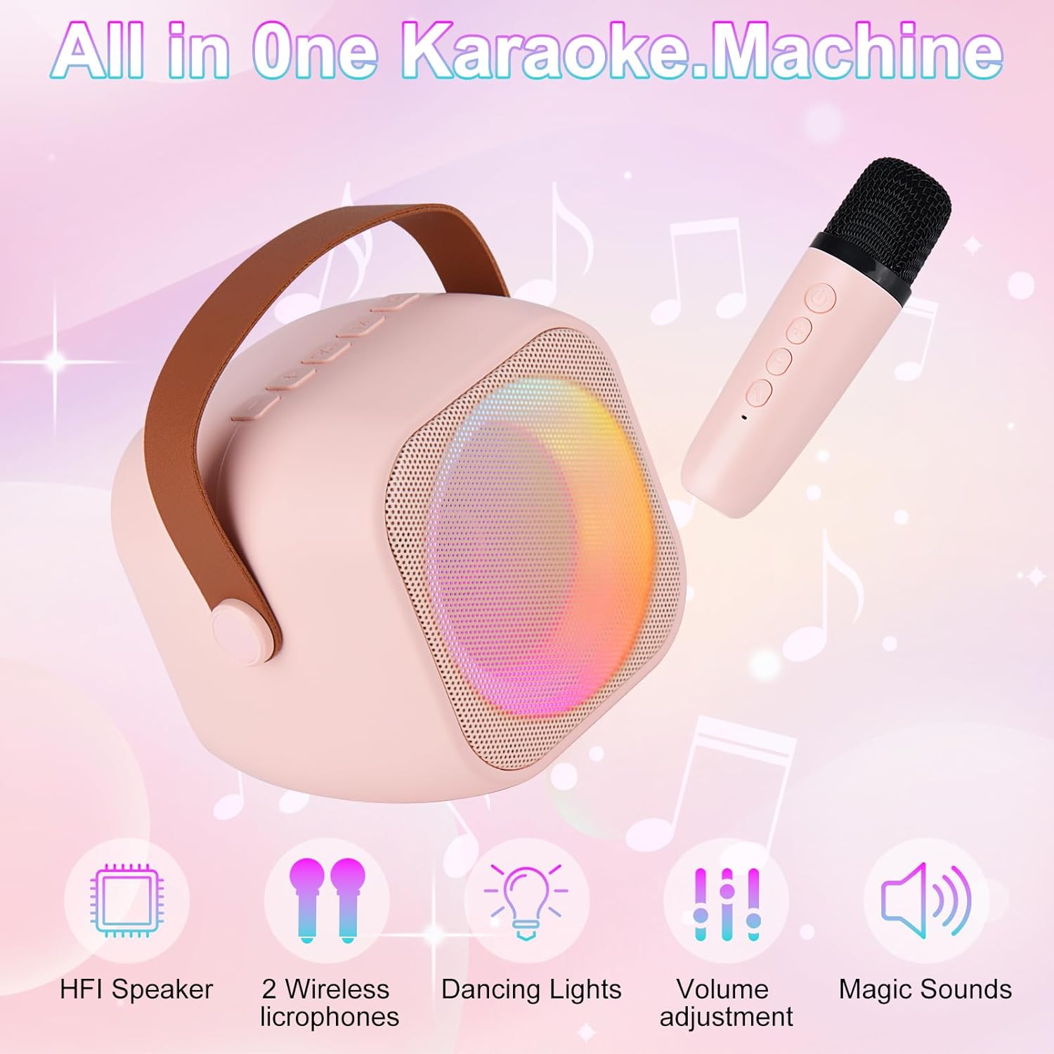 Karaoke Machine for Kids Adults, Mini Portable Bluetooth Karaoke Speaker with 2 Wireless Microphone and Lights,Toys for All Smartphones,Birthday, Family,Home Party Pink - Image 5