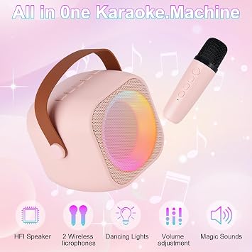 Karaoke Machine for Kids Adults, Mini Portable Bluetooth Karaoke Speaker with 2 Wireless Microphone and Lights,Toys for All Smartphones,Birthday, Family,Home Party Pinkcolor