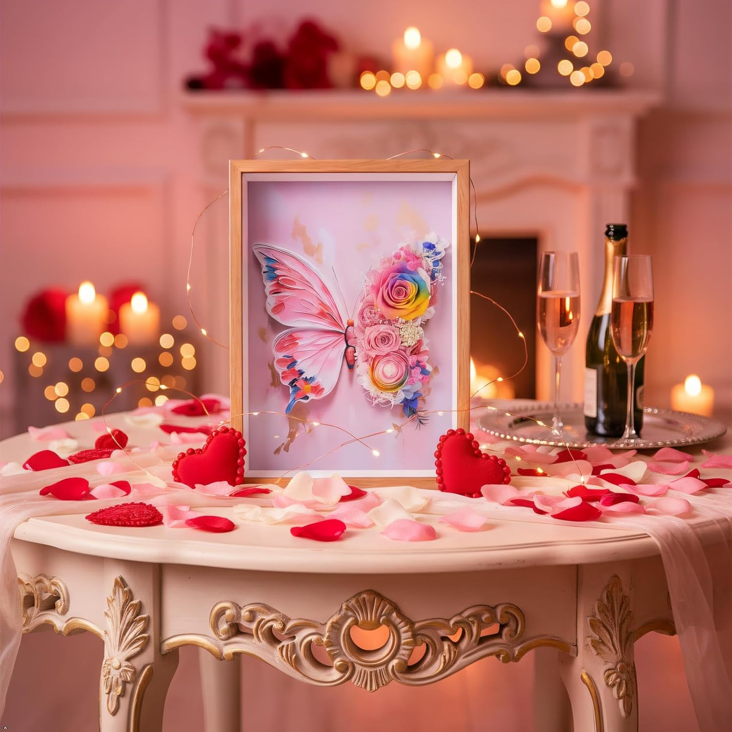 Preserved Flower Butterfly Shadow Box Frame, 3D Wall Art Decor with Roses, Elegant Home Decoration, Gift for Anniversary, Birthday, Wedding (Rainbow)