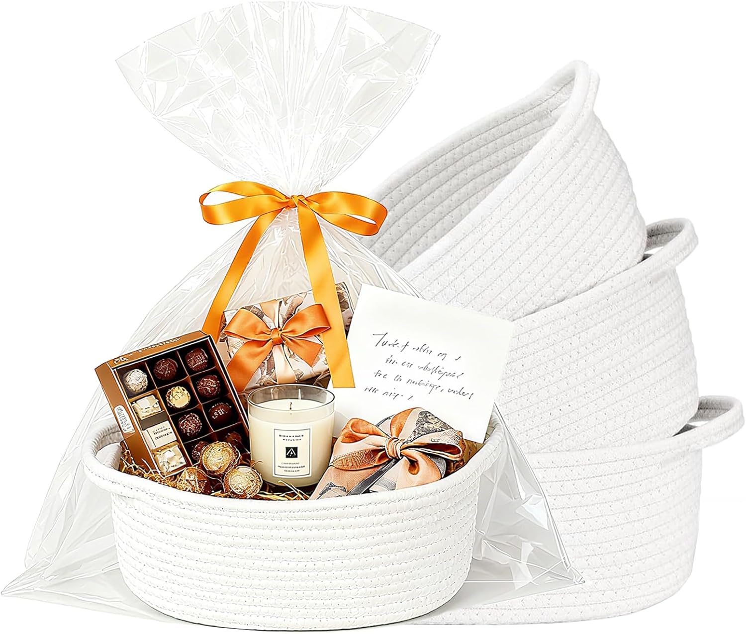 Gift Basket Empty, Small Woven Storage Basket with Gift Bags & Ribbons, Cotton Rope Room Shelf Storage Basket with Handle for Organizer Nursery Bins or Baby Shower 12" x 8" x 5" (White, 4 Pack)