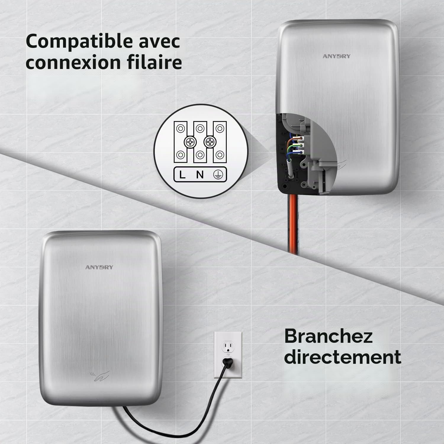 anydry 2803D Mini sèche-Mains électrique Automatique Mural,Hygiénique et Peu encombrant,Coque en Acier Inoxydable.1350W.(Brossé)