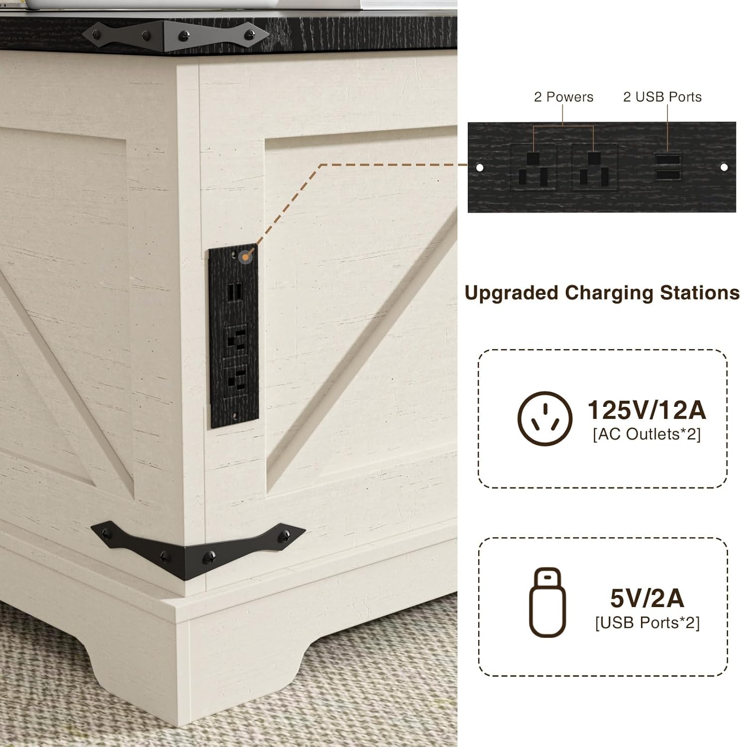 Close-up of the coffee table's side panel showing the integrated power outlets and USB ports, with specifications.