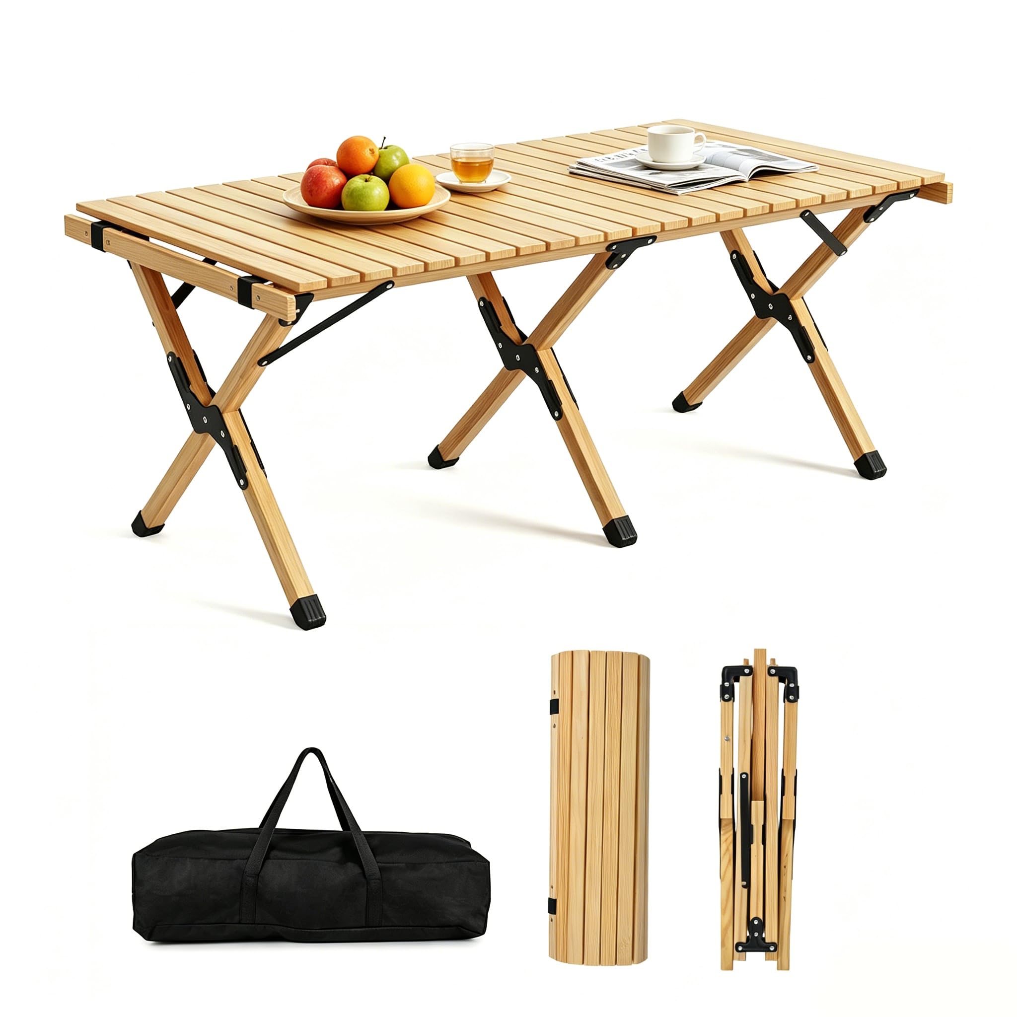 SOARS Tavolo da Campeggio Pieghevole 4-6 Posti, Tavolino Picnic con Piano Arrotolabile in Legno, Tavolo da Esterno Salvaspazio, con Borsa Trasporto, da Giardino, BBQ, Parco, 122 x 60 cm (Naturale)