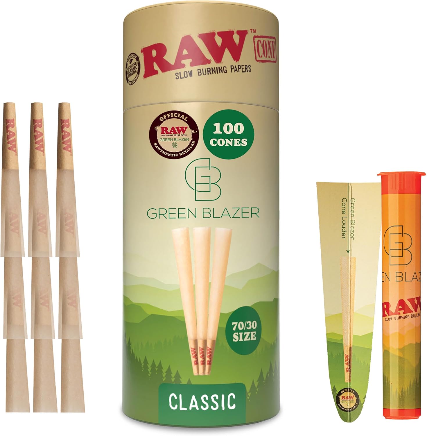 RAW Pre Rolled Cones - Single Size Dogwalker 70/30 (70mm) - 100 Pack - Mini RAW Cones with Tips for Smoking - Slow-Burning Classic Rolling Paper