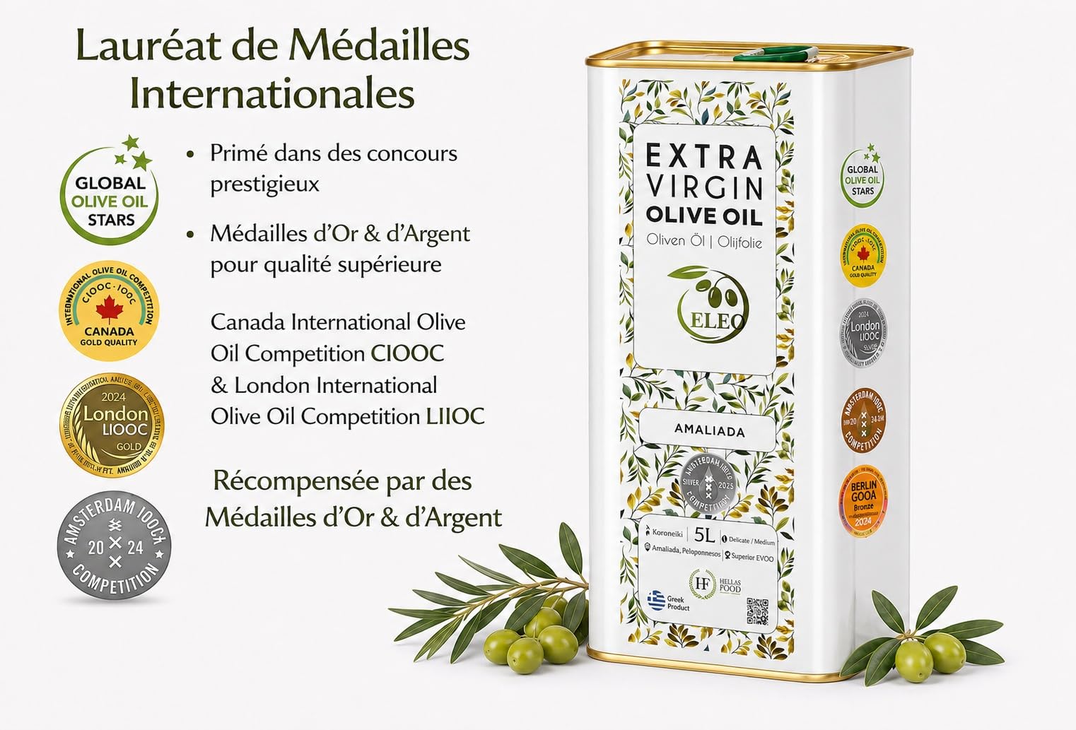 ELEO Amaliada - Huile d’Olive Bidon 5L Extra Viege - Pressée à Froid - 100% Olives Grecques Koroneiki - Qualité Supérieure - Riche en Antioxydants - Lauréat de Médailles Internationales